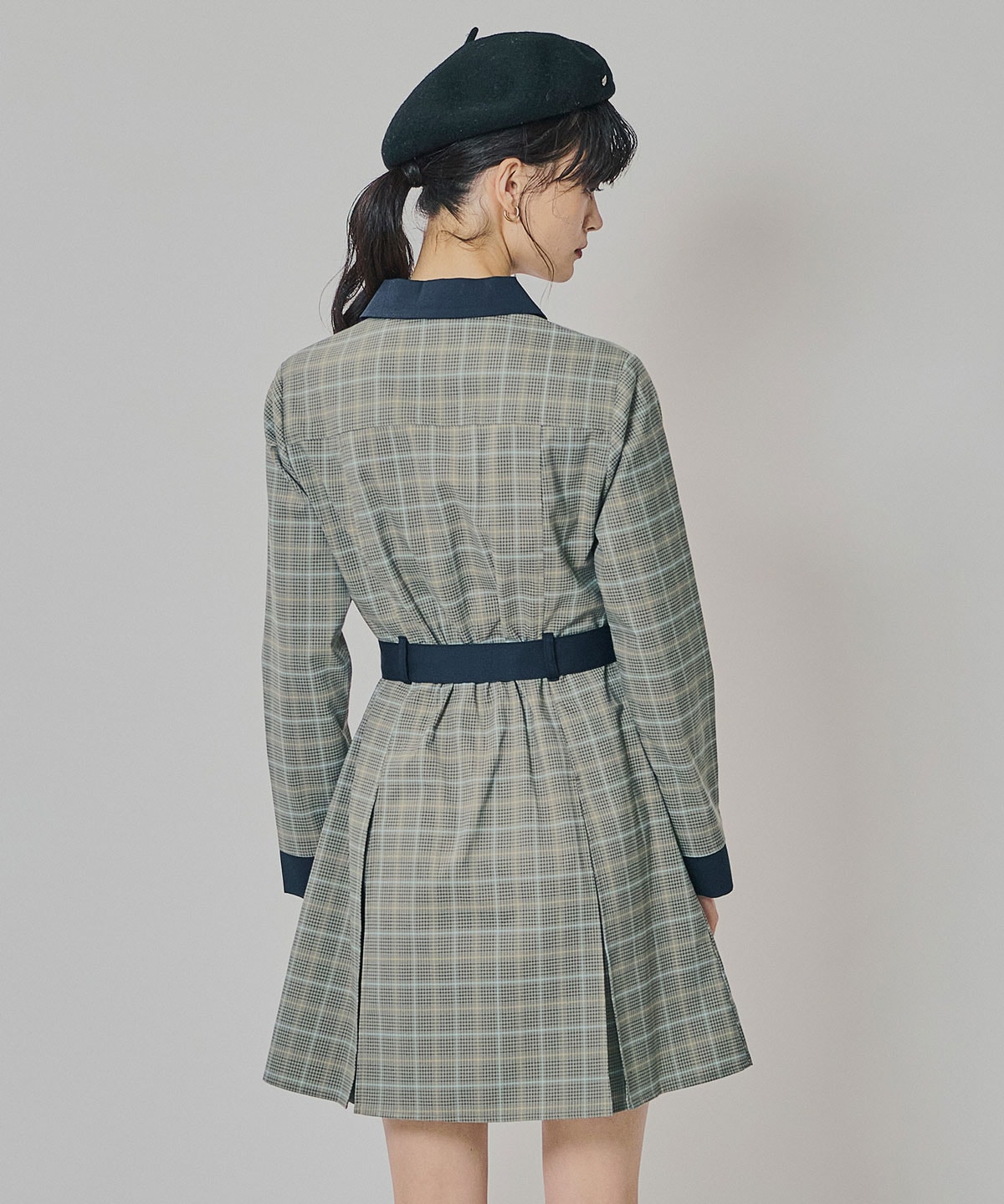 バイカラーチェックボックスプリーツシャツミニワンピース
