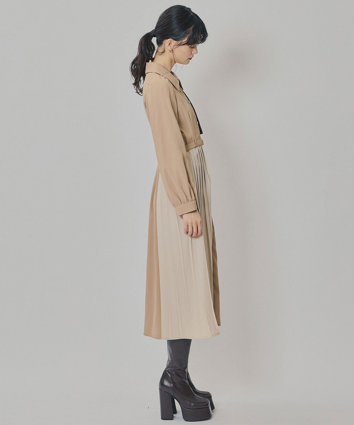 カラーブロックパネルアシメプリーツワンピース