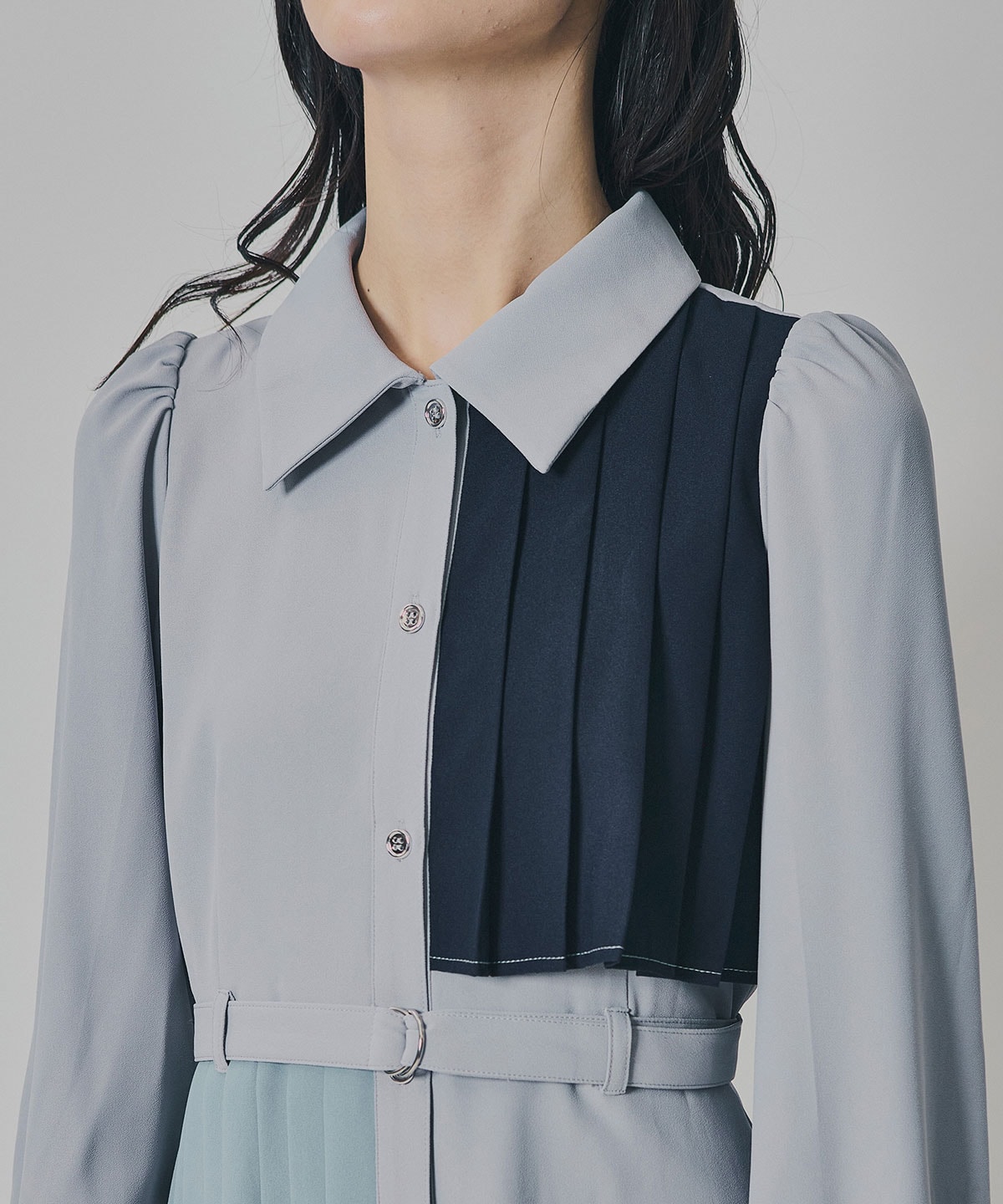 カラーブロックパネルアシメプリーツワンピース