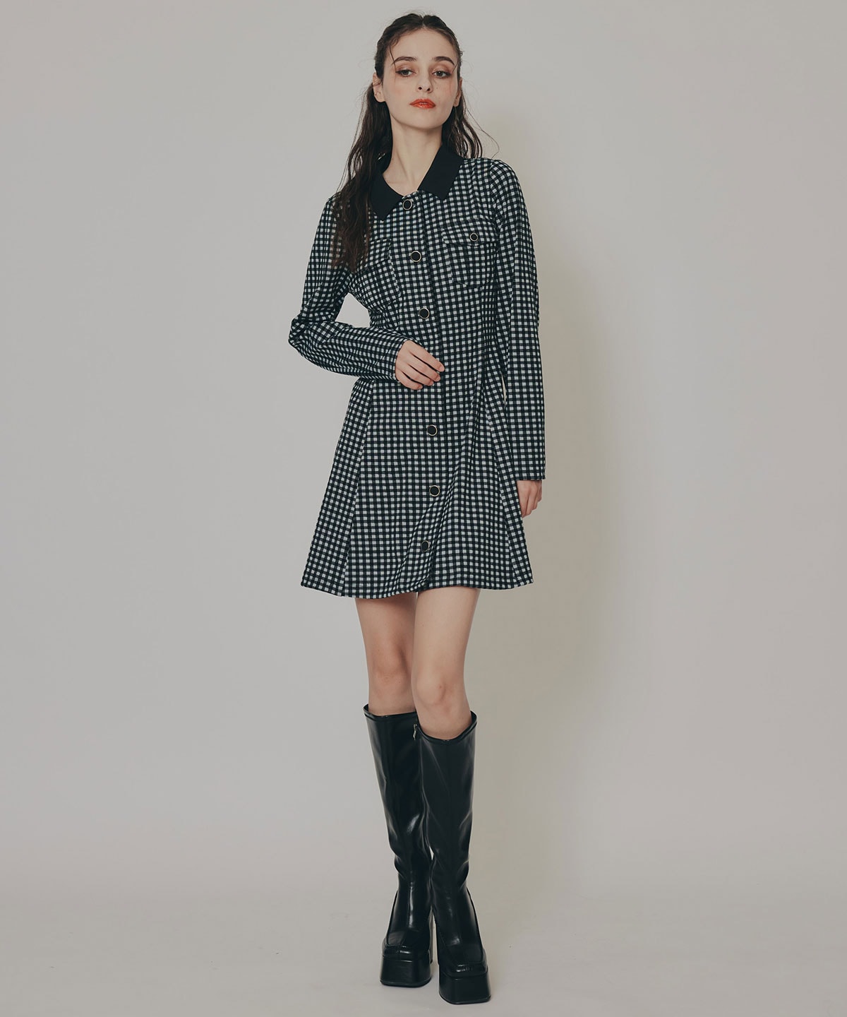 チェックバイカラーカットミニワンピース