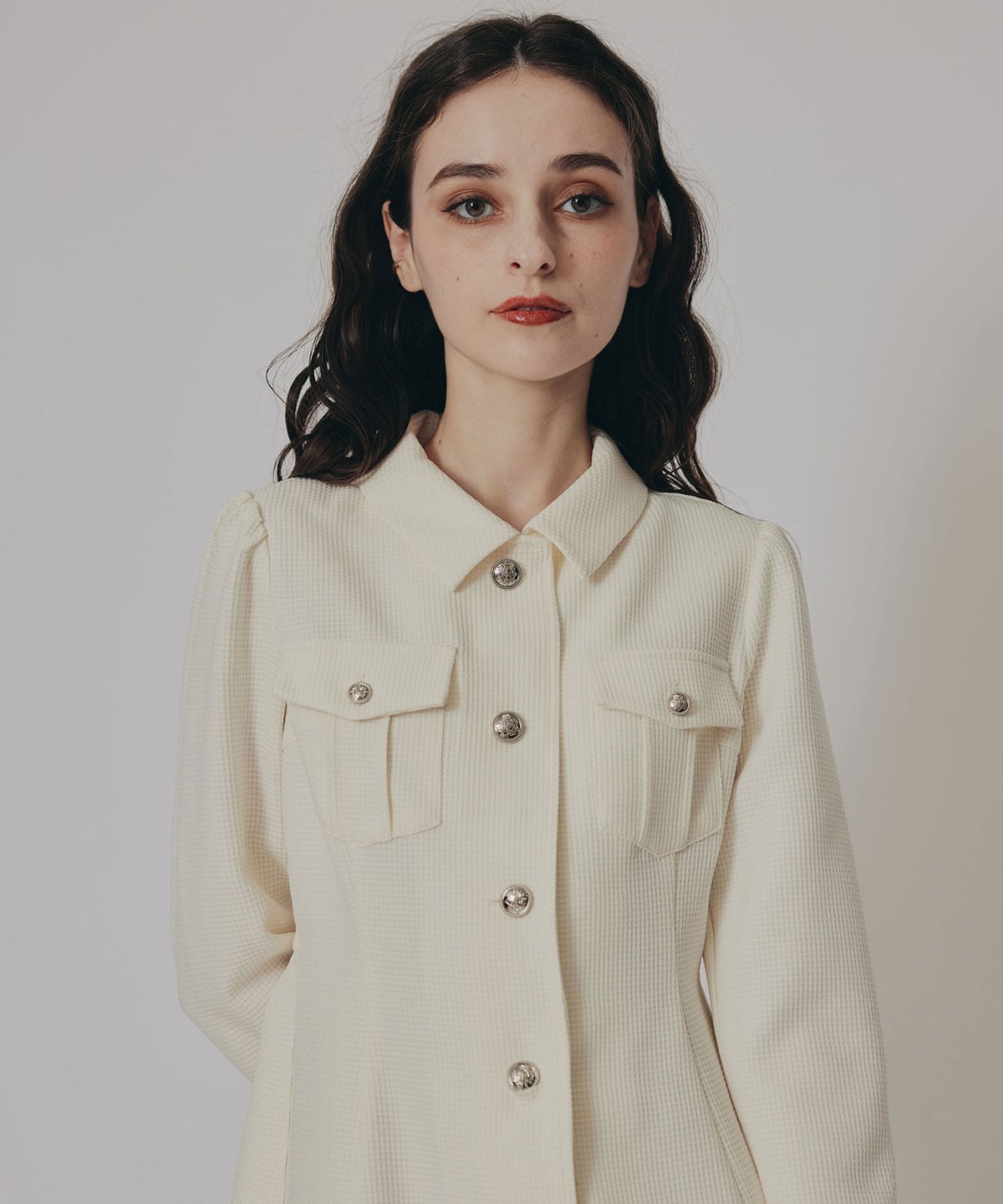 エンブレムボタンマイクロワッフルシャツワンピース