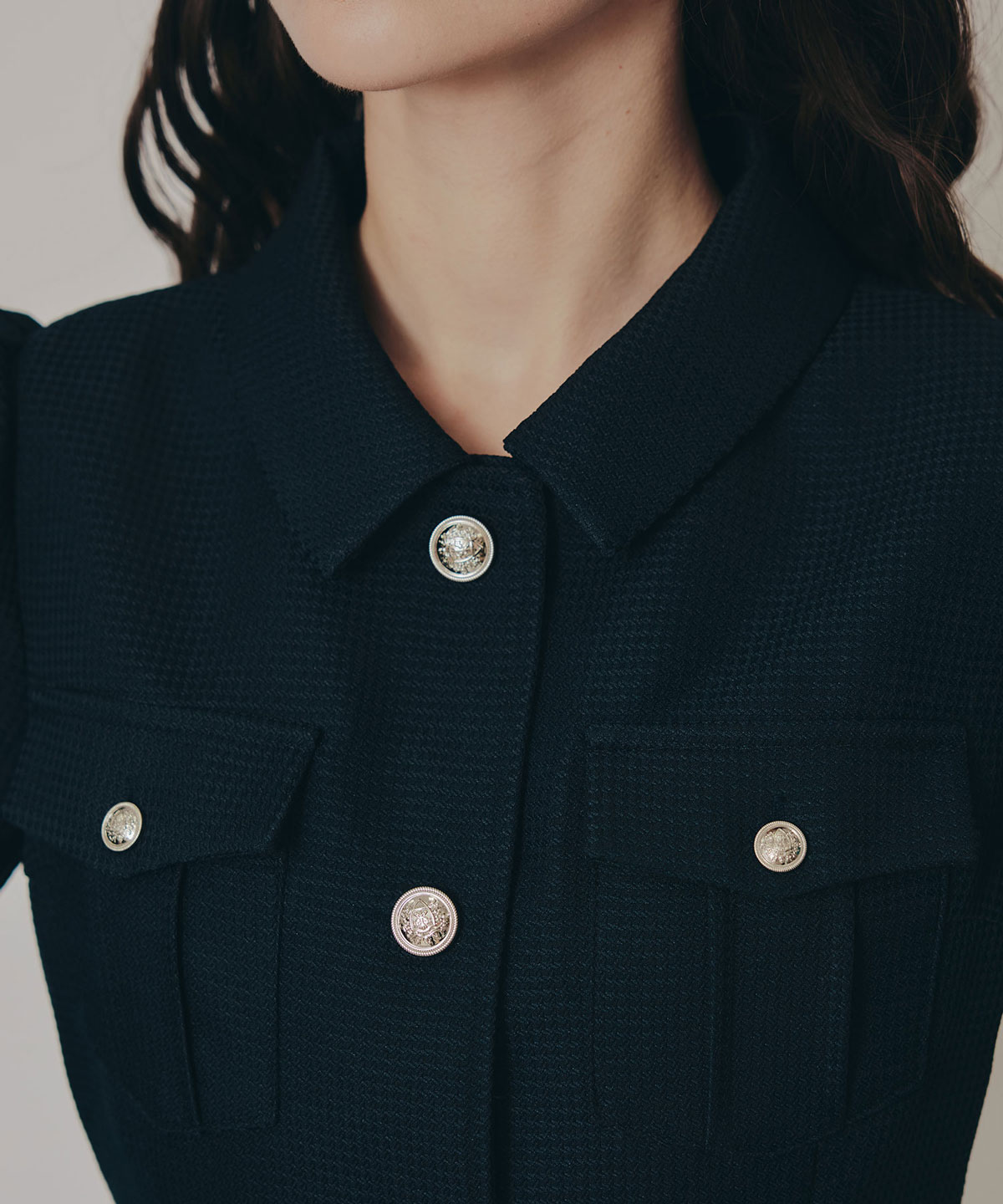 エンブレムボタンマイクロワッフルシャツワンピース