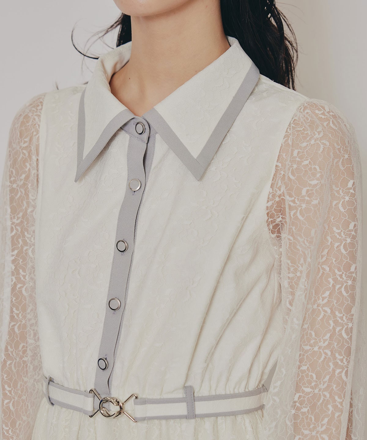 バイカラーレースプリーツロングスリーブワンピース