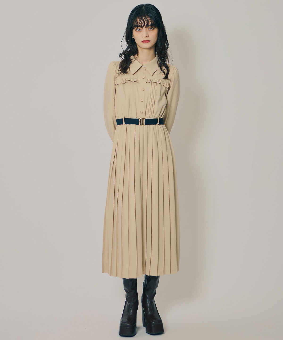 プリーツボウタイシャツロングワンピース