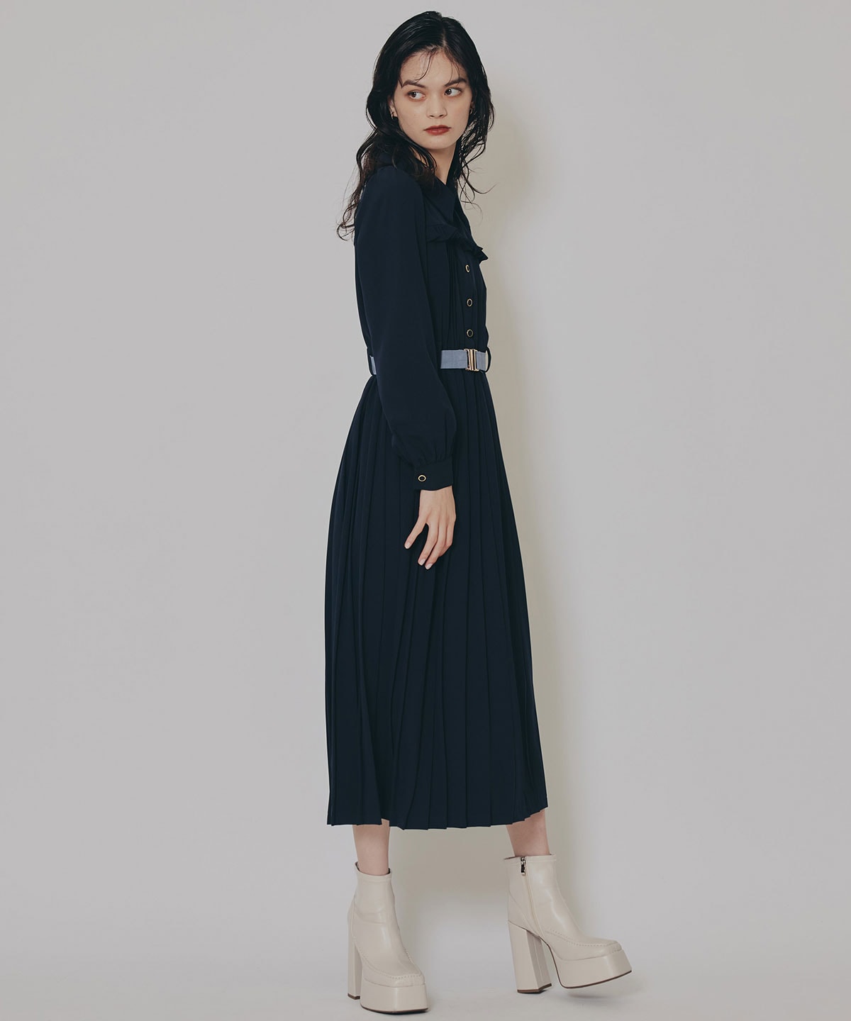 プリーツボウタイシャツロングワンピース