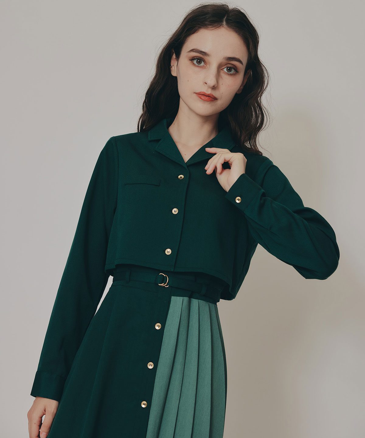 バイカラーアシメプリーツロングスリーブシャツワンピース