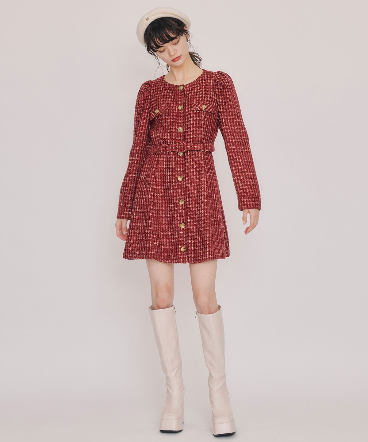 MIXツイードパフスリーブミニワンピース