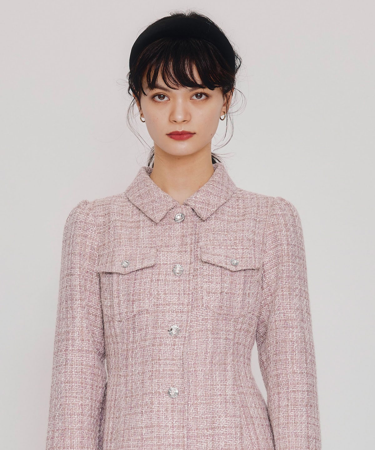 ビジューボタンファンシーツイードシャツミニワンピース