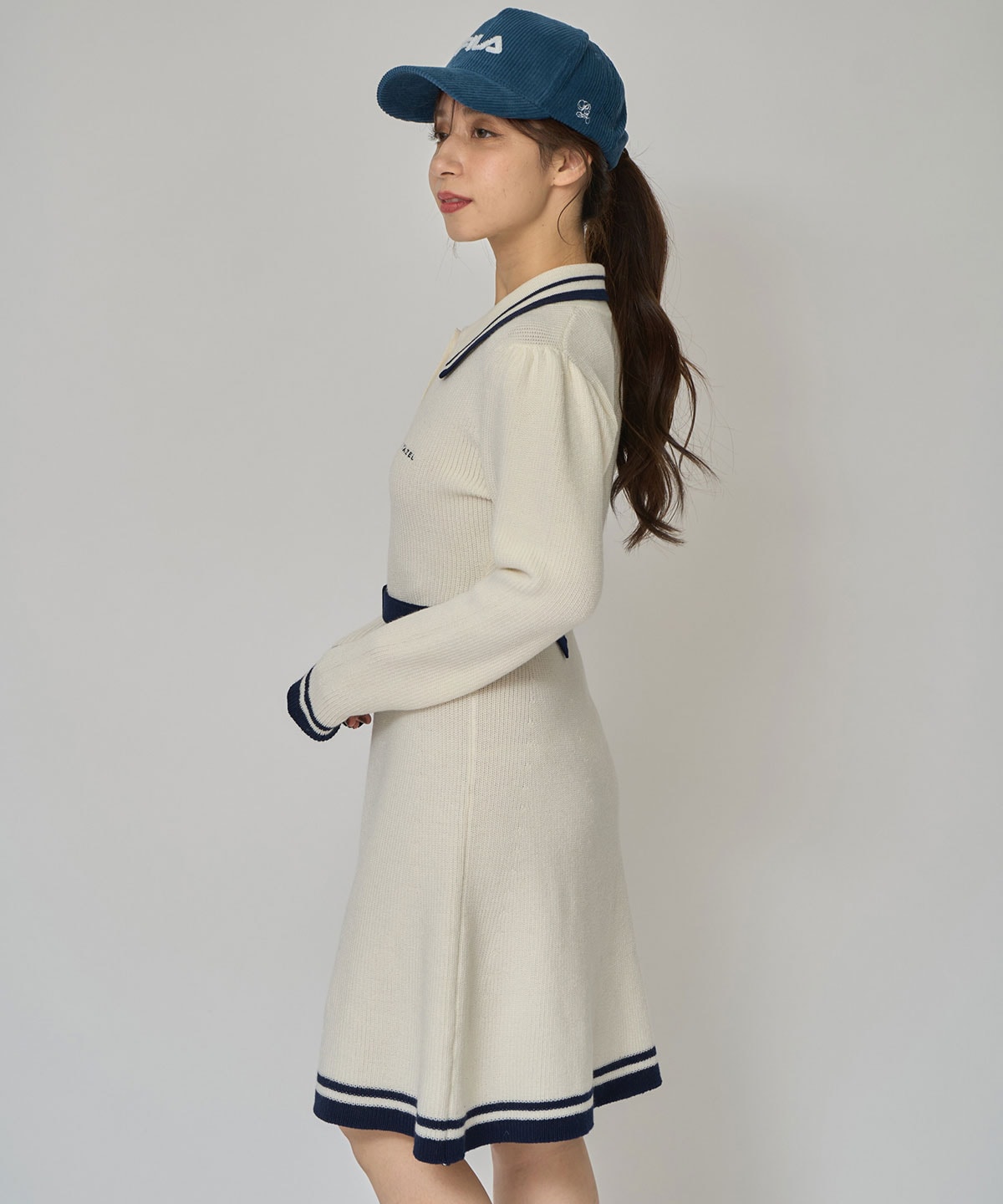 バイカラーポロニットロングスリーブミニワンピース