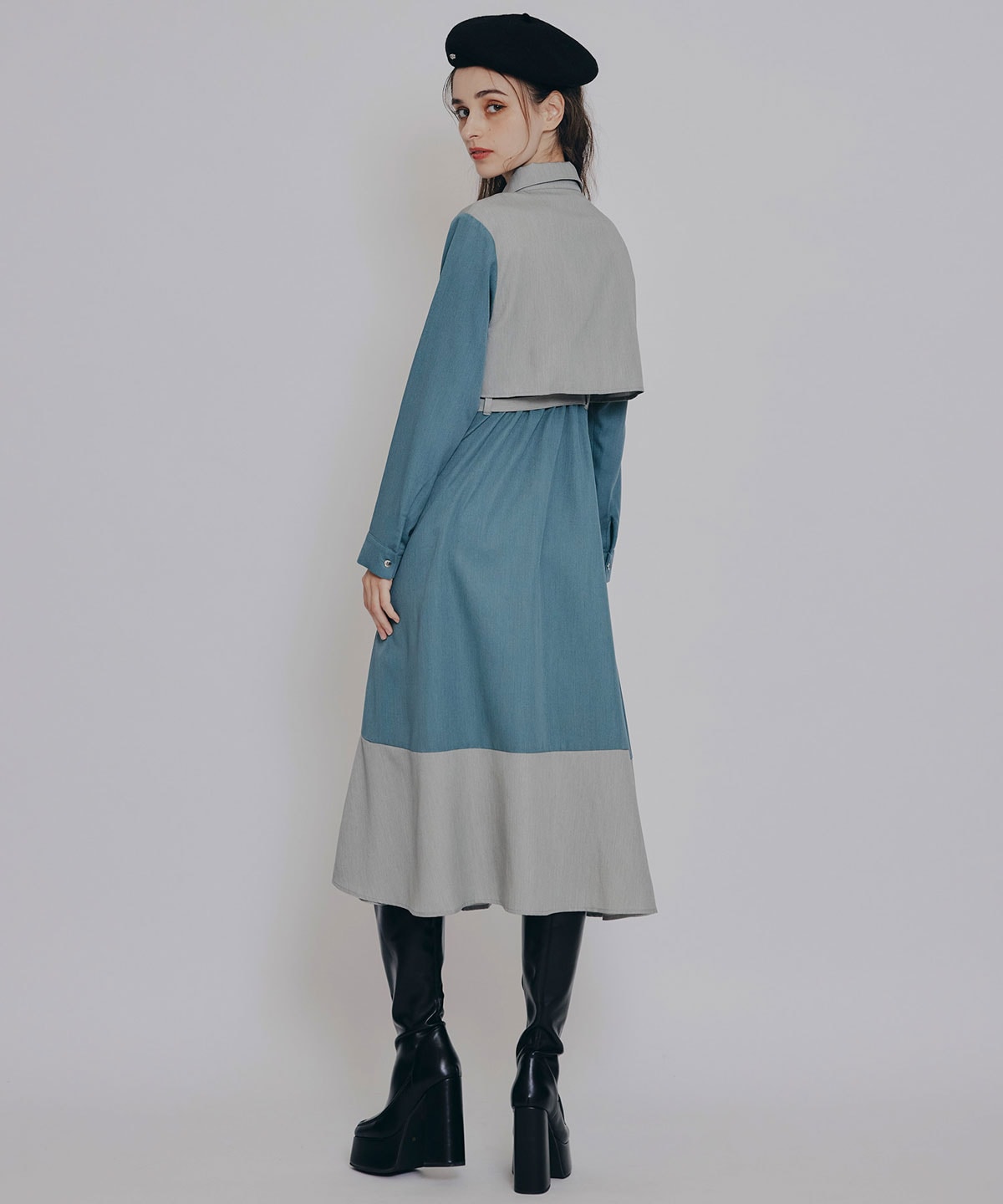 カラーブロッキングシャツロングフレアワンピース