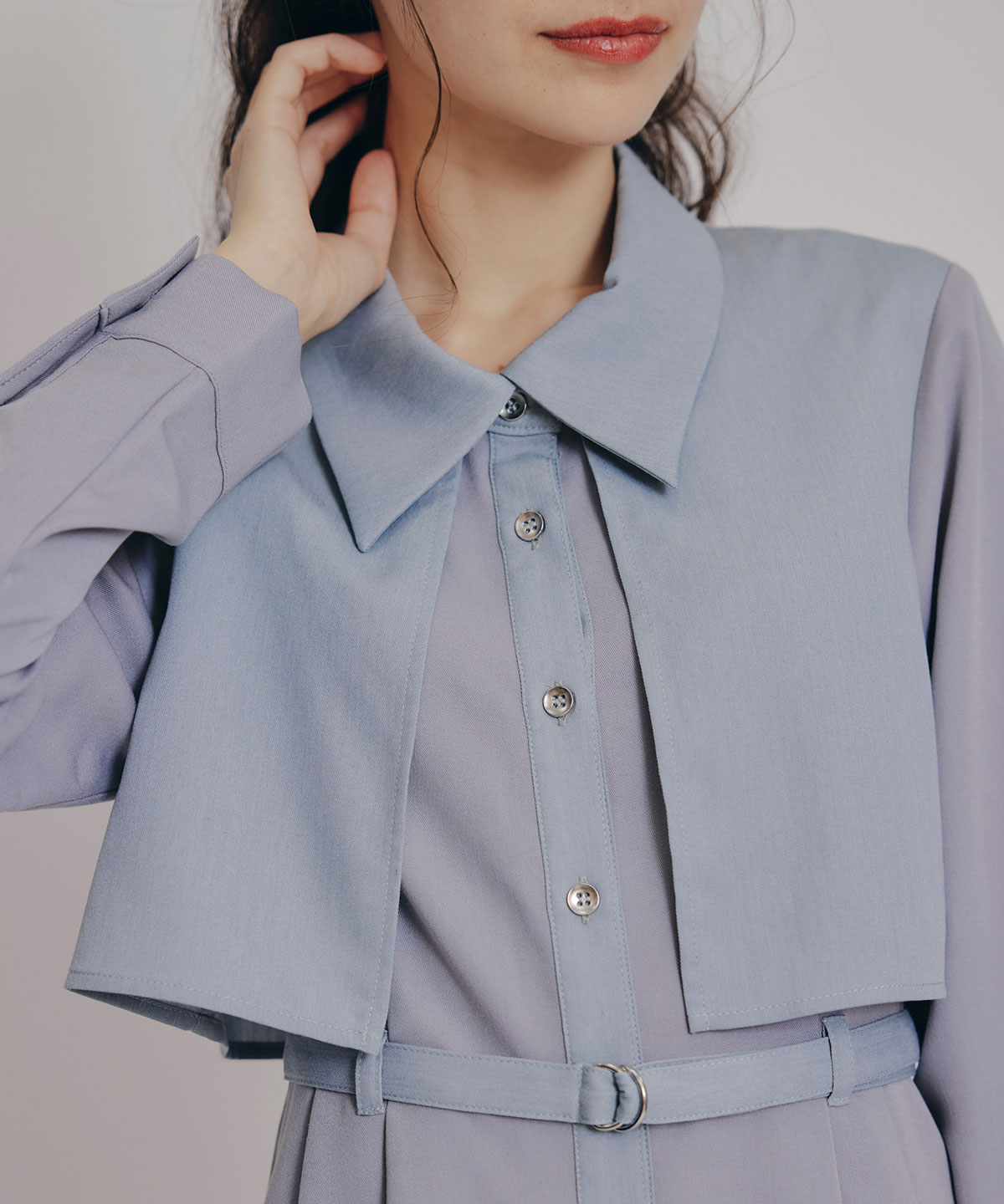 カラーブロッキングシャツロングフレアワンピース