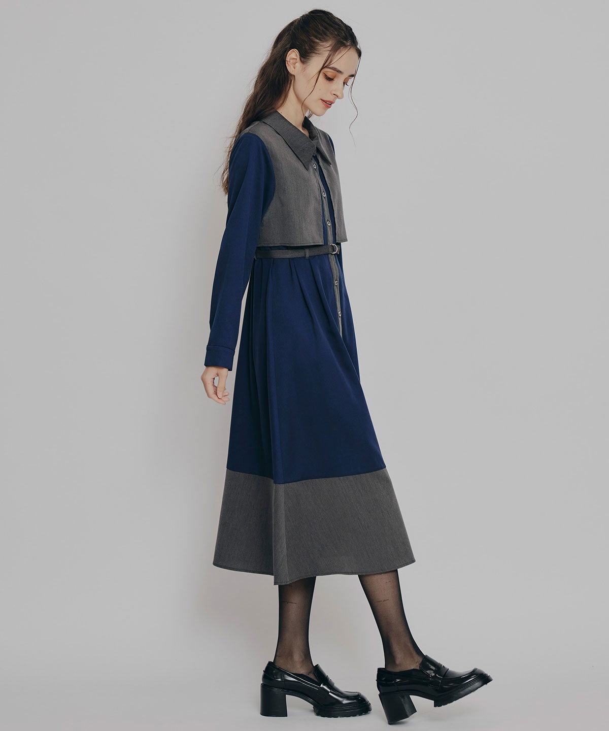 カラーブロッキングシャツロングフレアワンピース