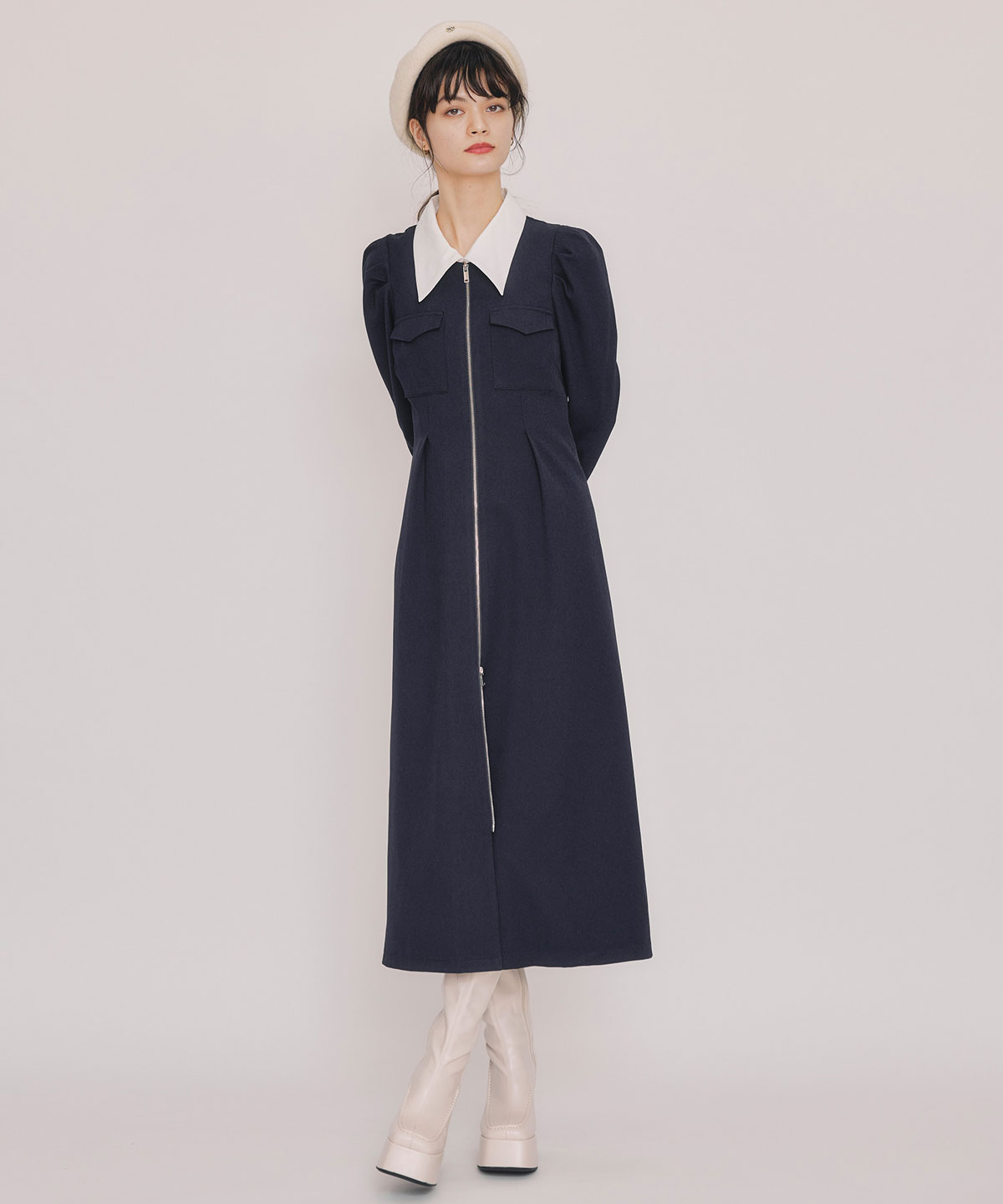 フロントZIPバイカラーロングワンピース