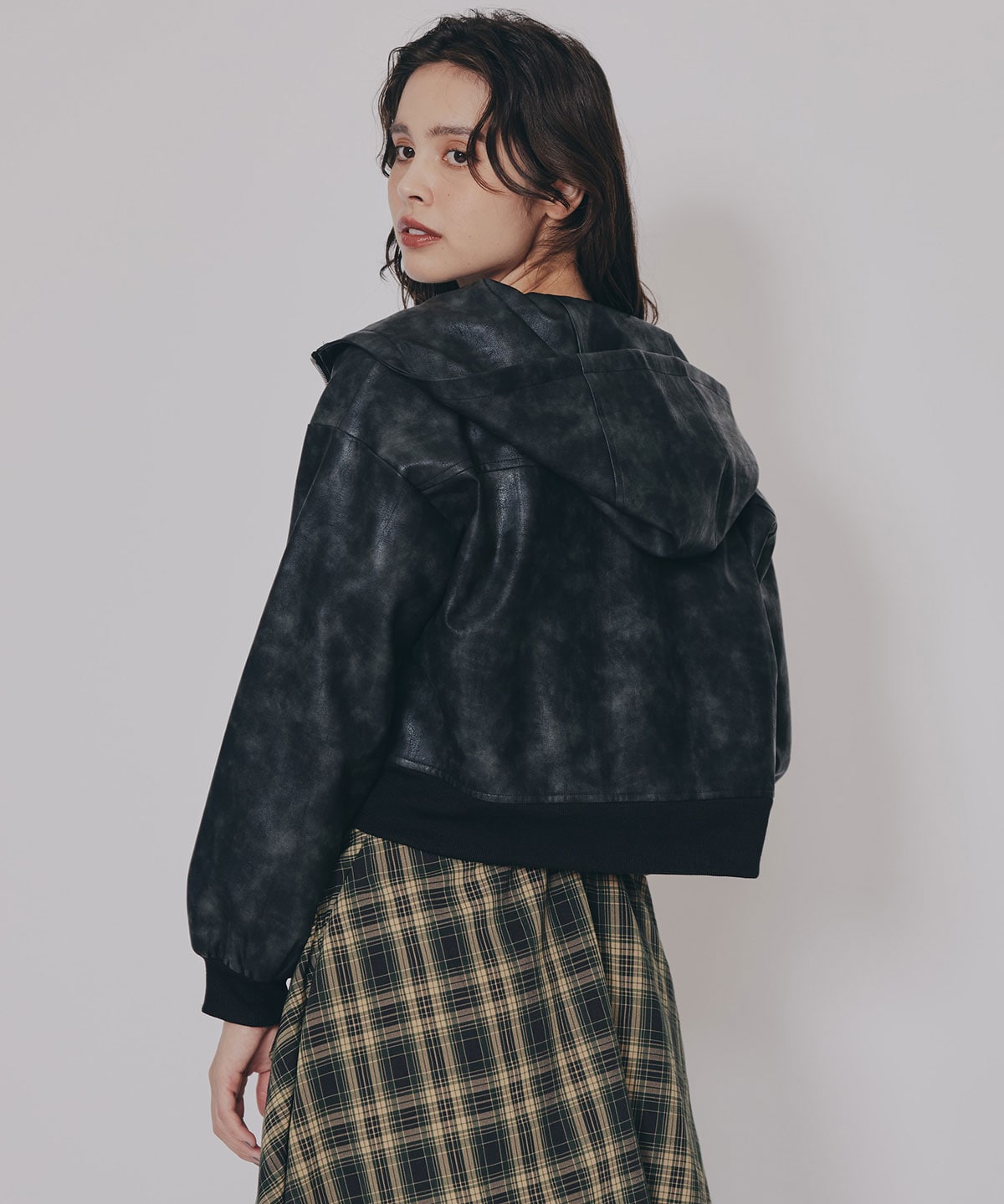 ヴィンテージライクレザーフーディブルゾン