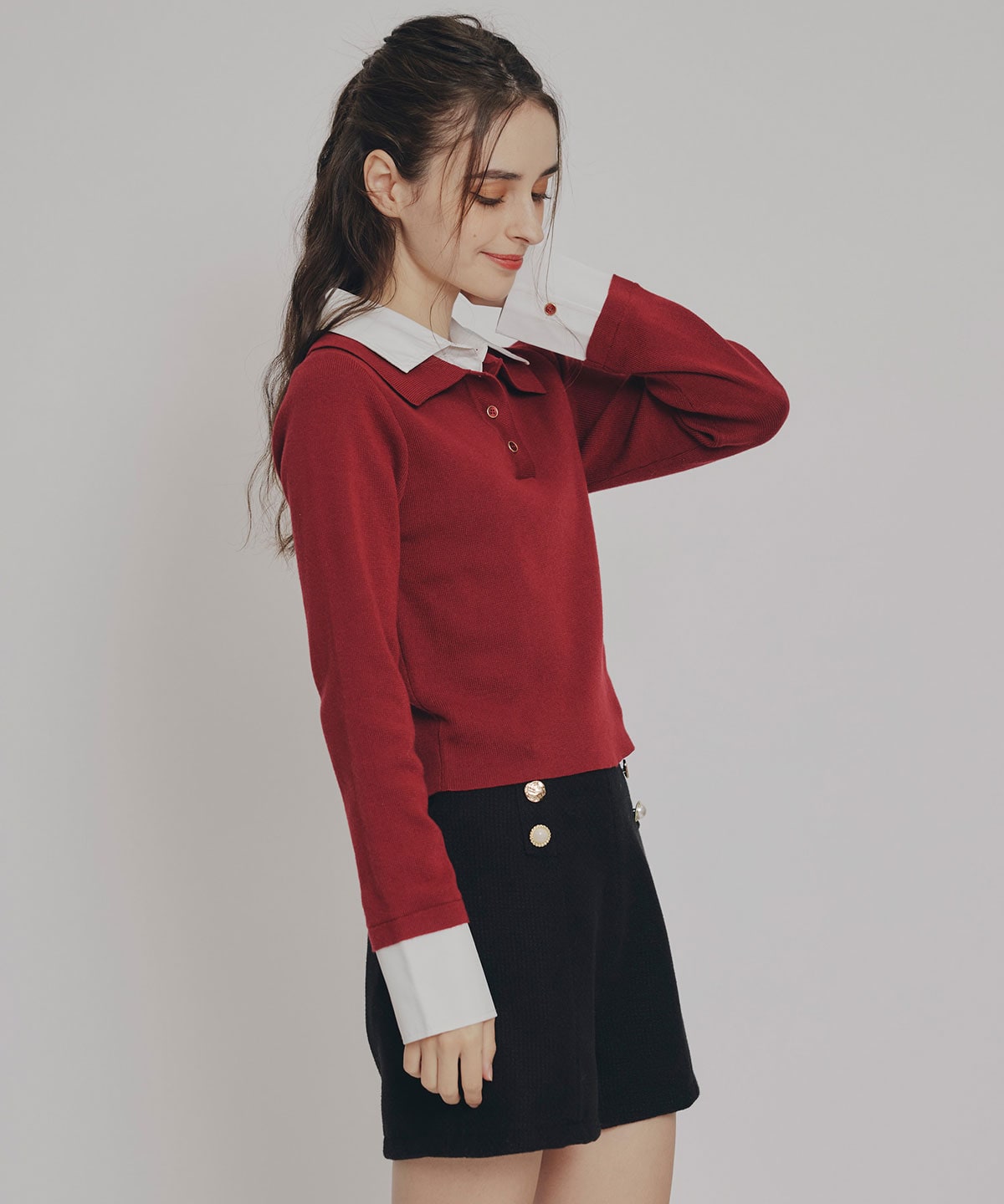 ダブルカラーポロニットトップス