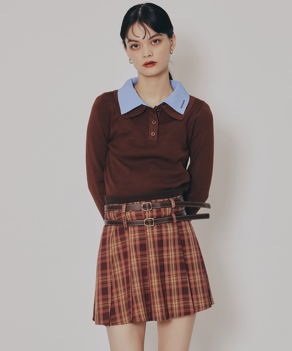 ダブルカラーポロニットトップス