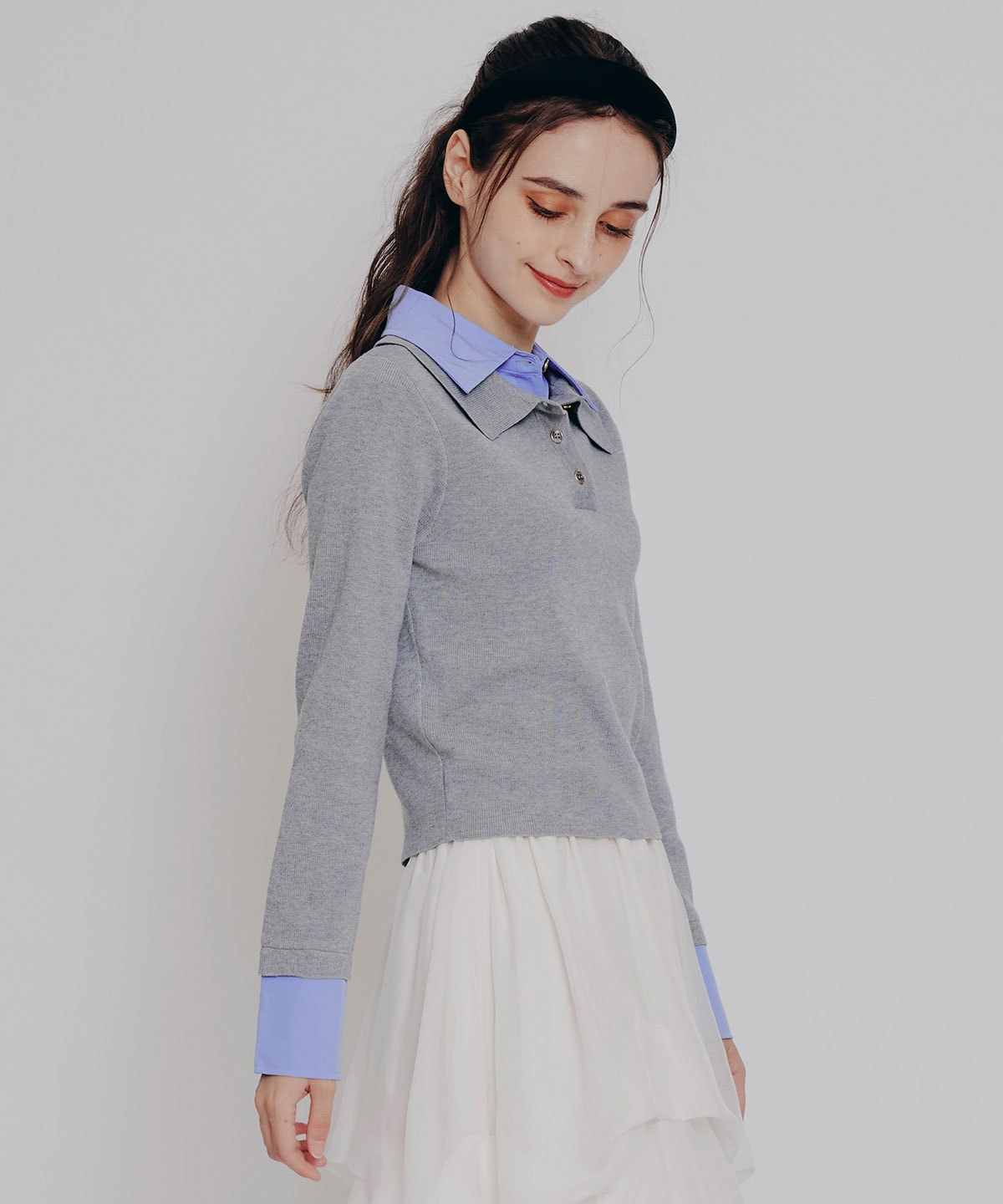 ダブルカラーポロニットトップス