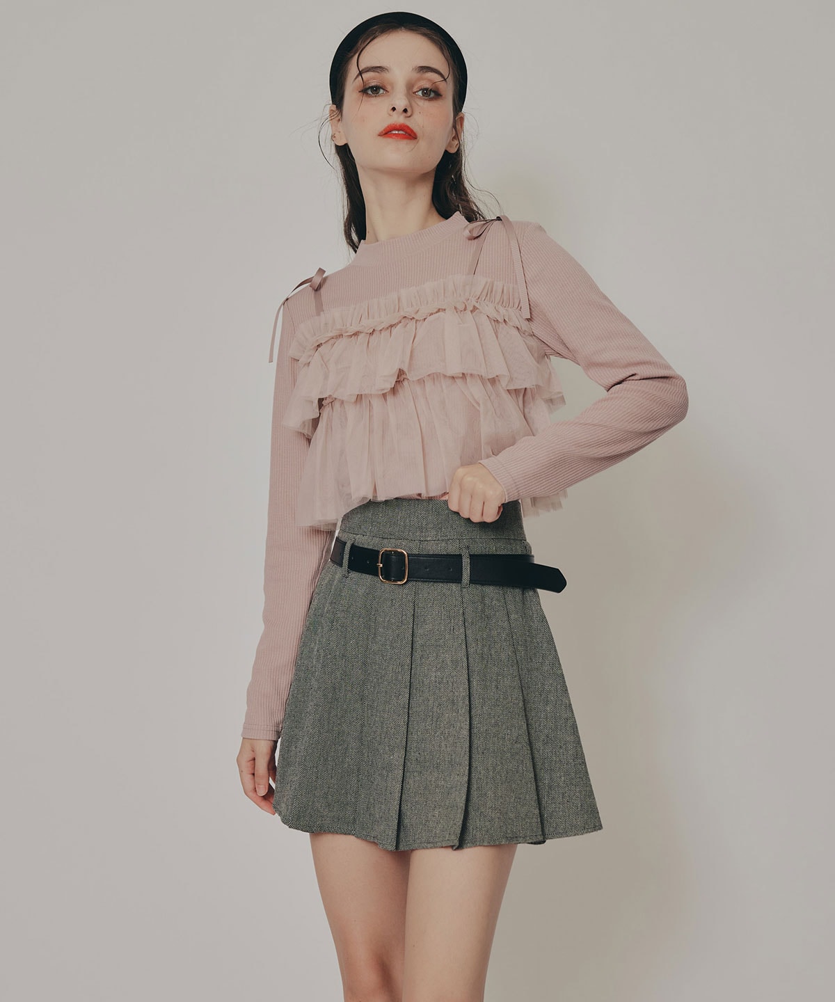 リボンチュールフリルビスチェニットトップス
