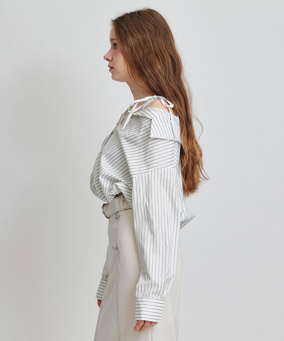 ベアレイヤードストライプバルーンオフショルブラウス