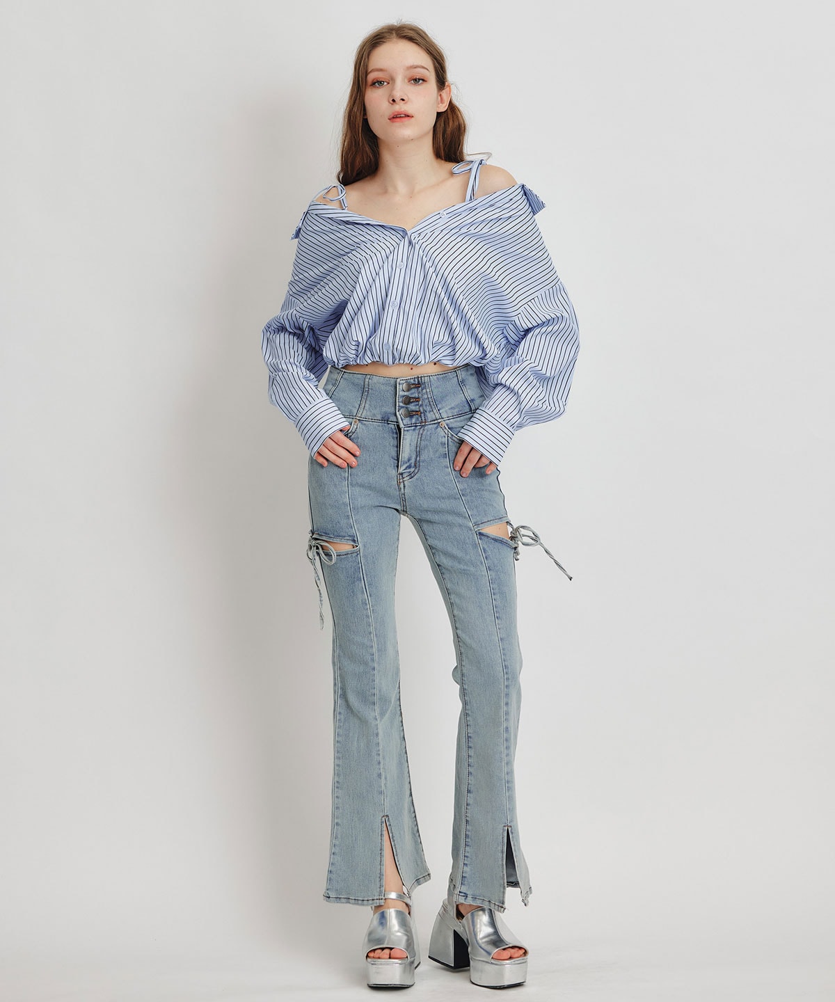 ベアレイヤードストライプバルーンオフショルブラウス