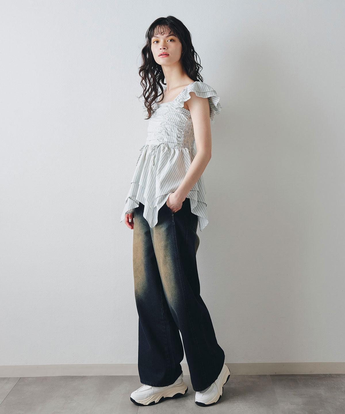 イレヘムペプラムマルチストライプブラウス