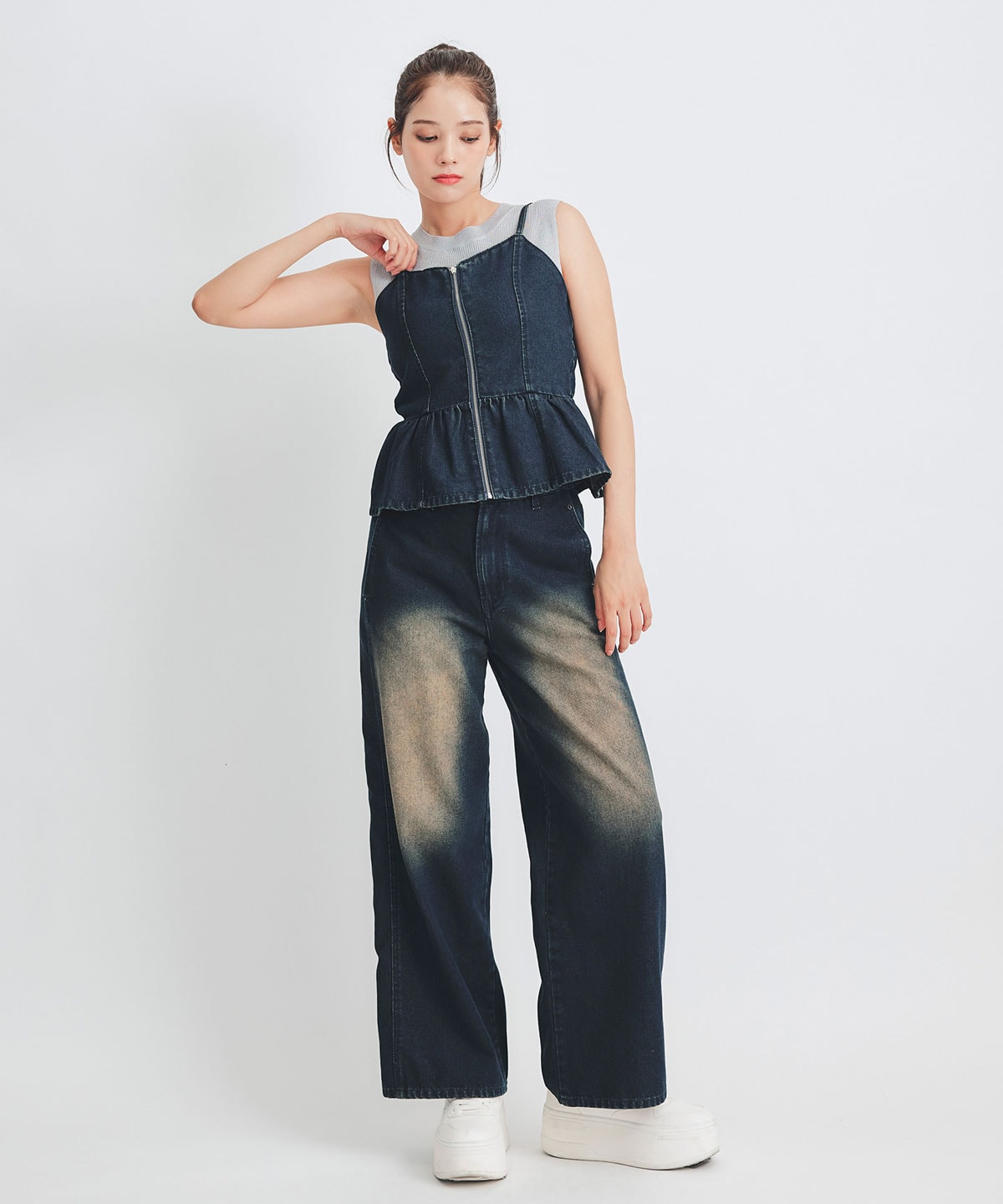 【Vintage Denim Series】ヴィンテージウォッシュバックレースアップデニムビスチェ