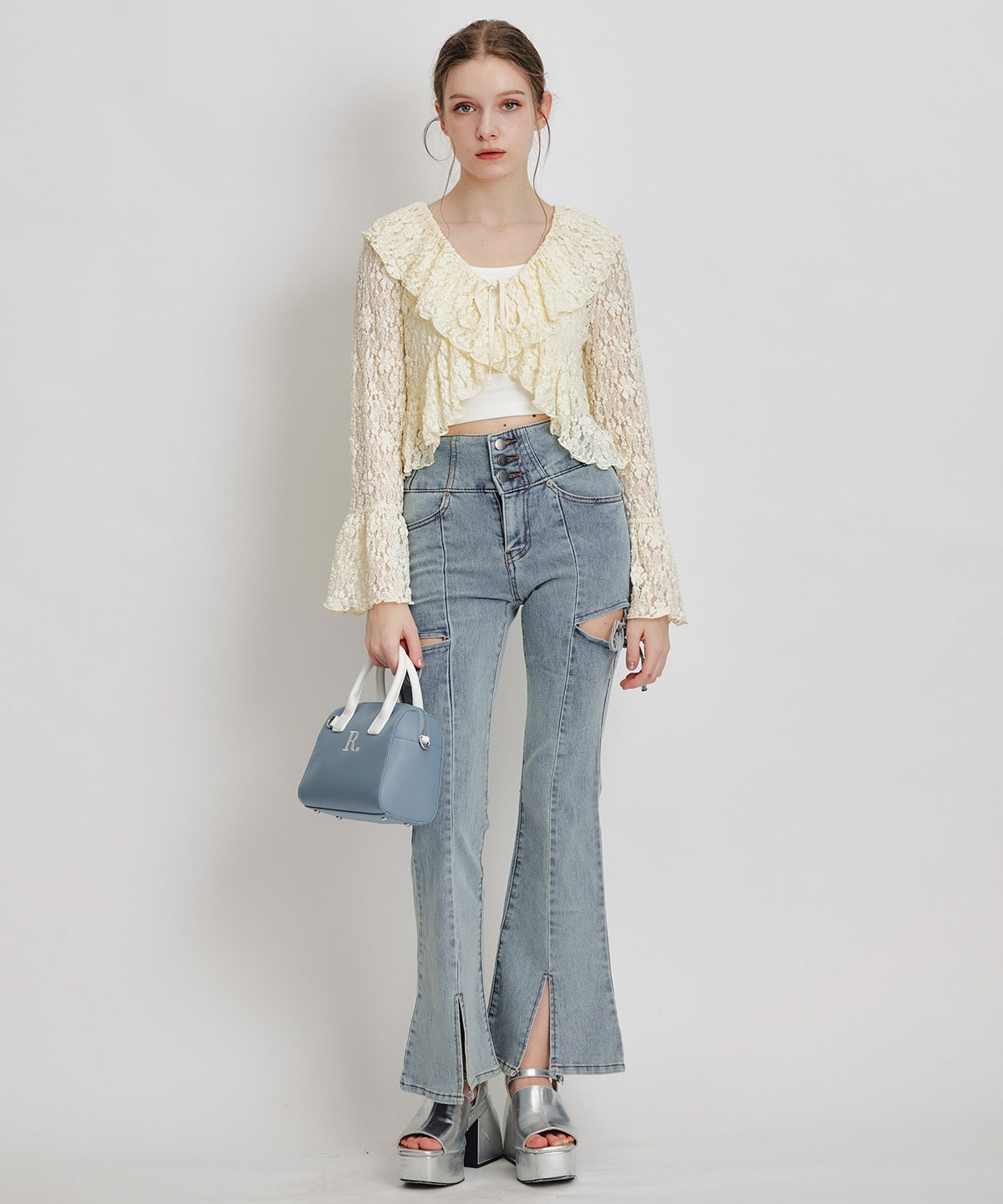 レースフリルカラーショートカーディガン