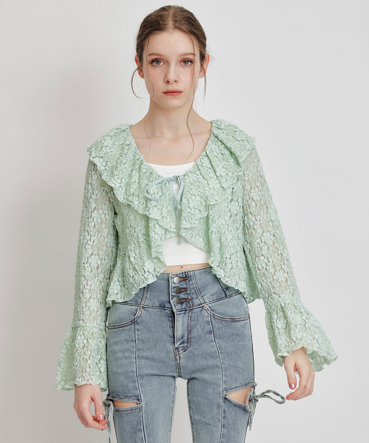 レースフリルカラーショートカーディガン