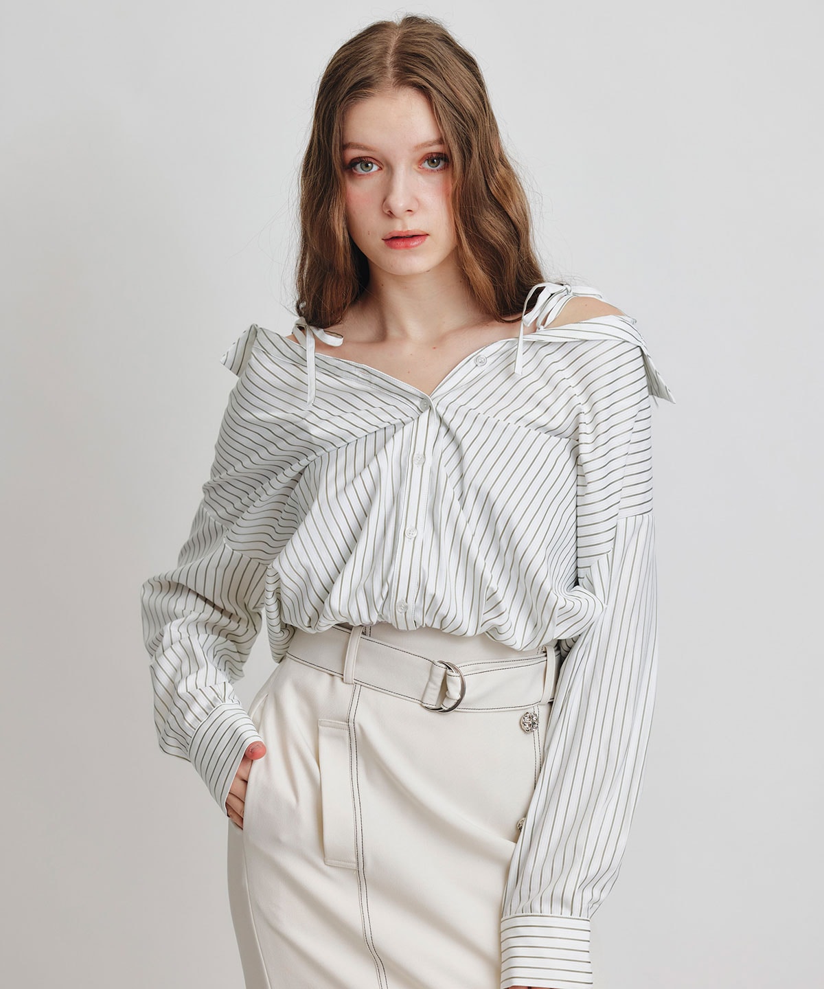 バイカラーステッチカッティングハイウエストタイトロングスカート