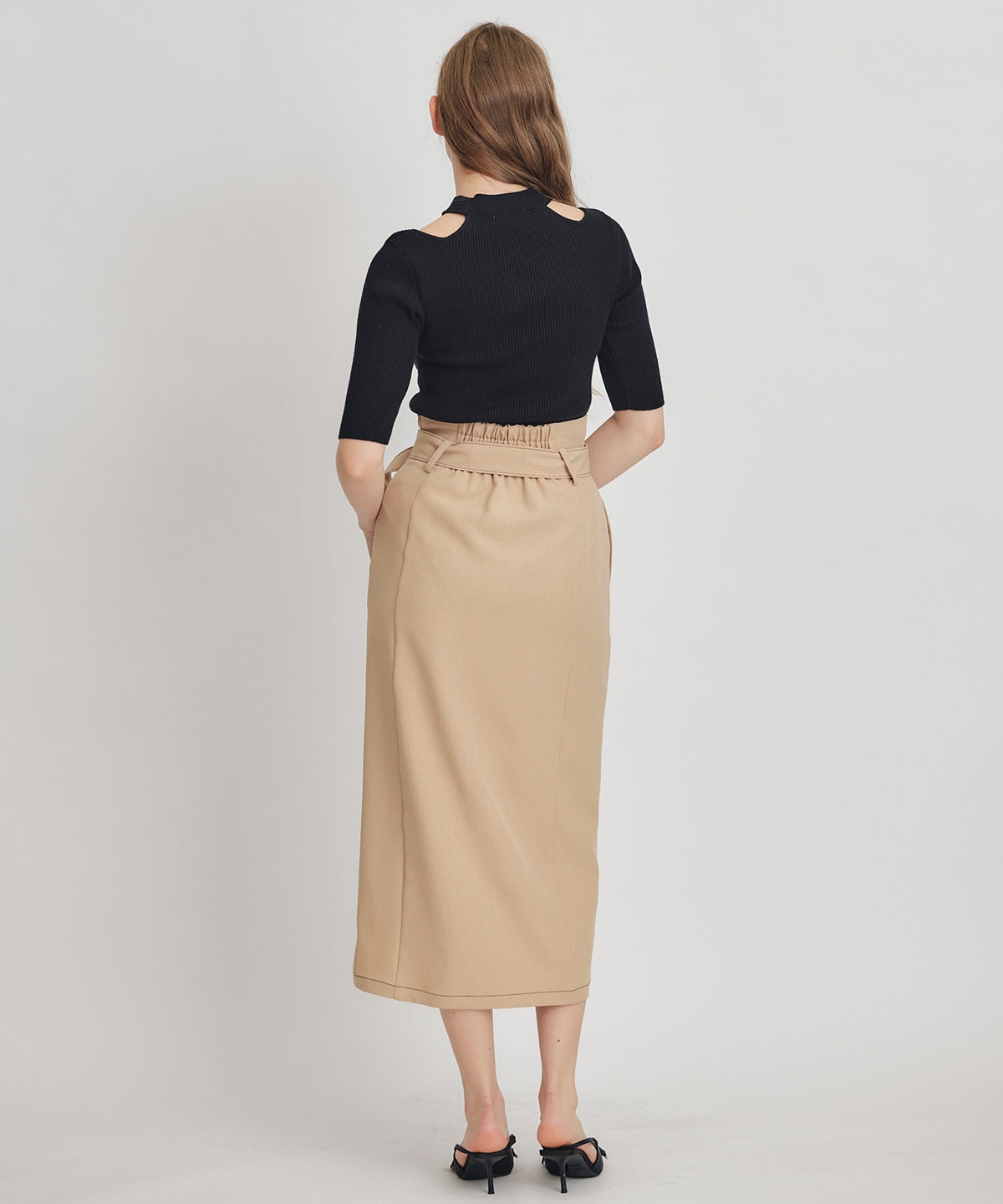 バイカラーステッチカッティングハイウエストタイトロングスカート