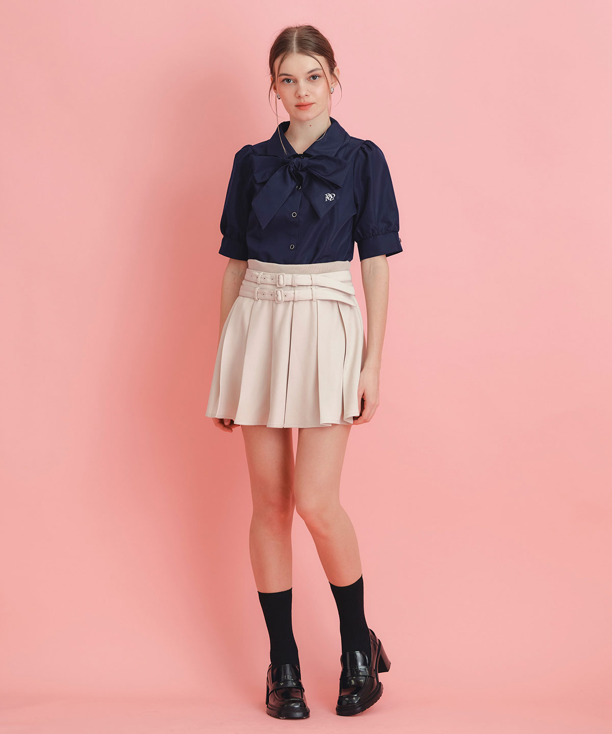 ウエストリブダブルベルトプリーツミニスカート