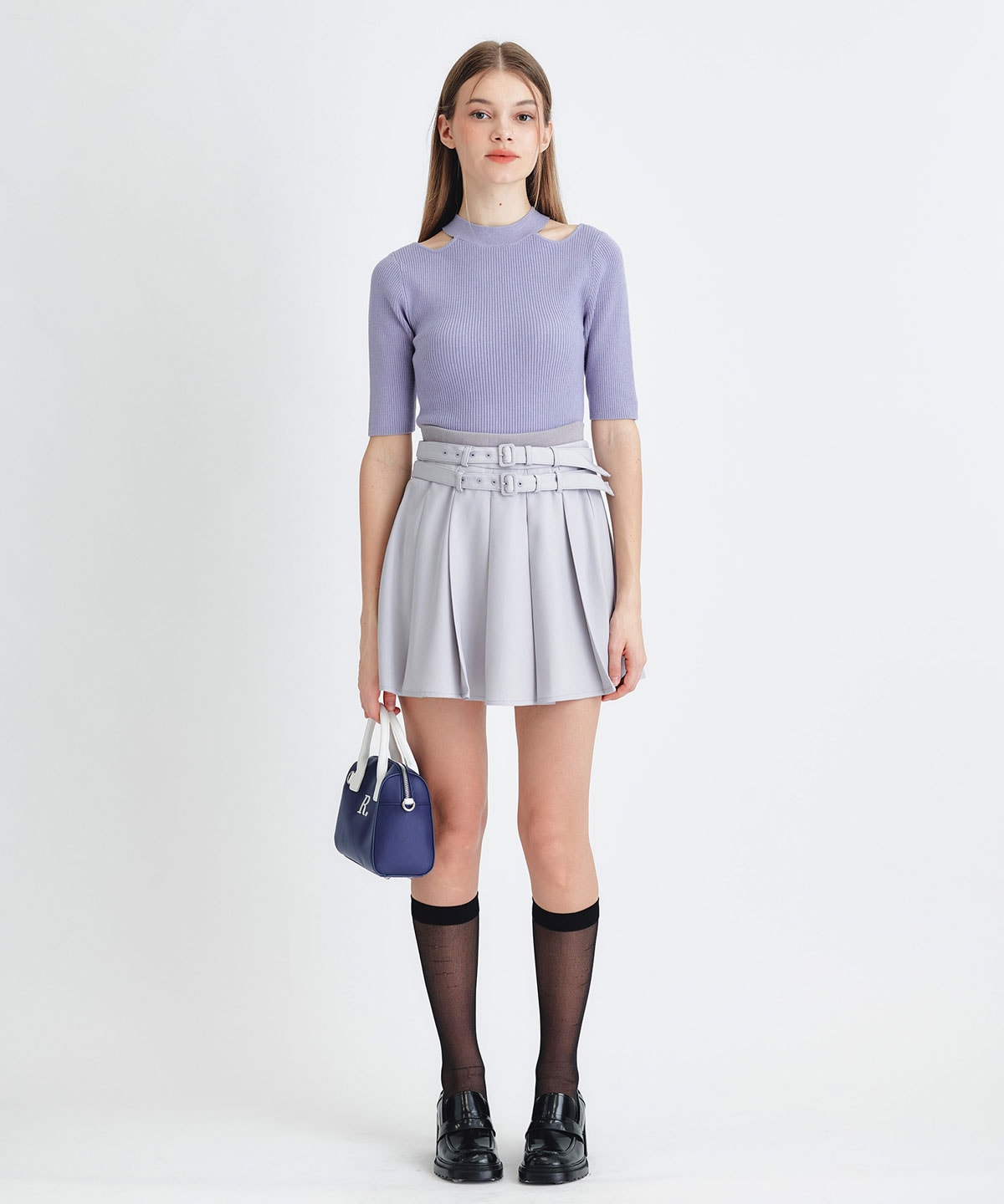 ウエストリブダブルベルトプリーツミニスカート