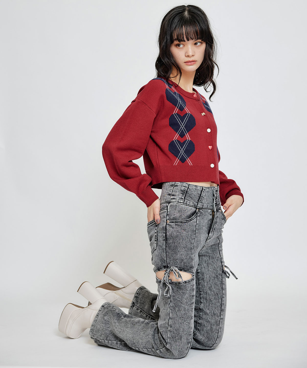 カットアウトリボンストレッチデニム