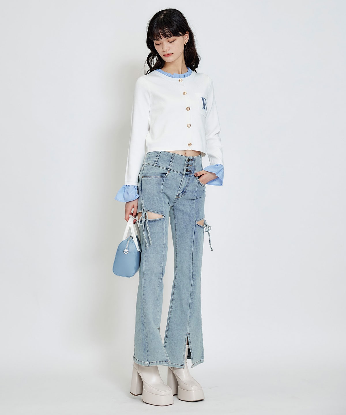 カットアウトリボンストレッチデニム