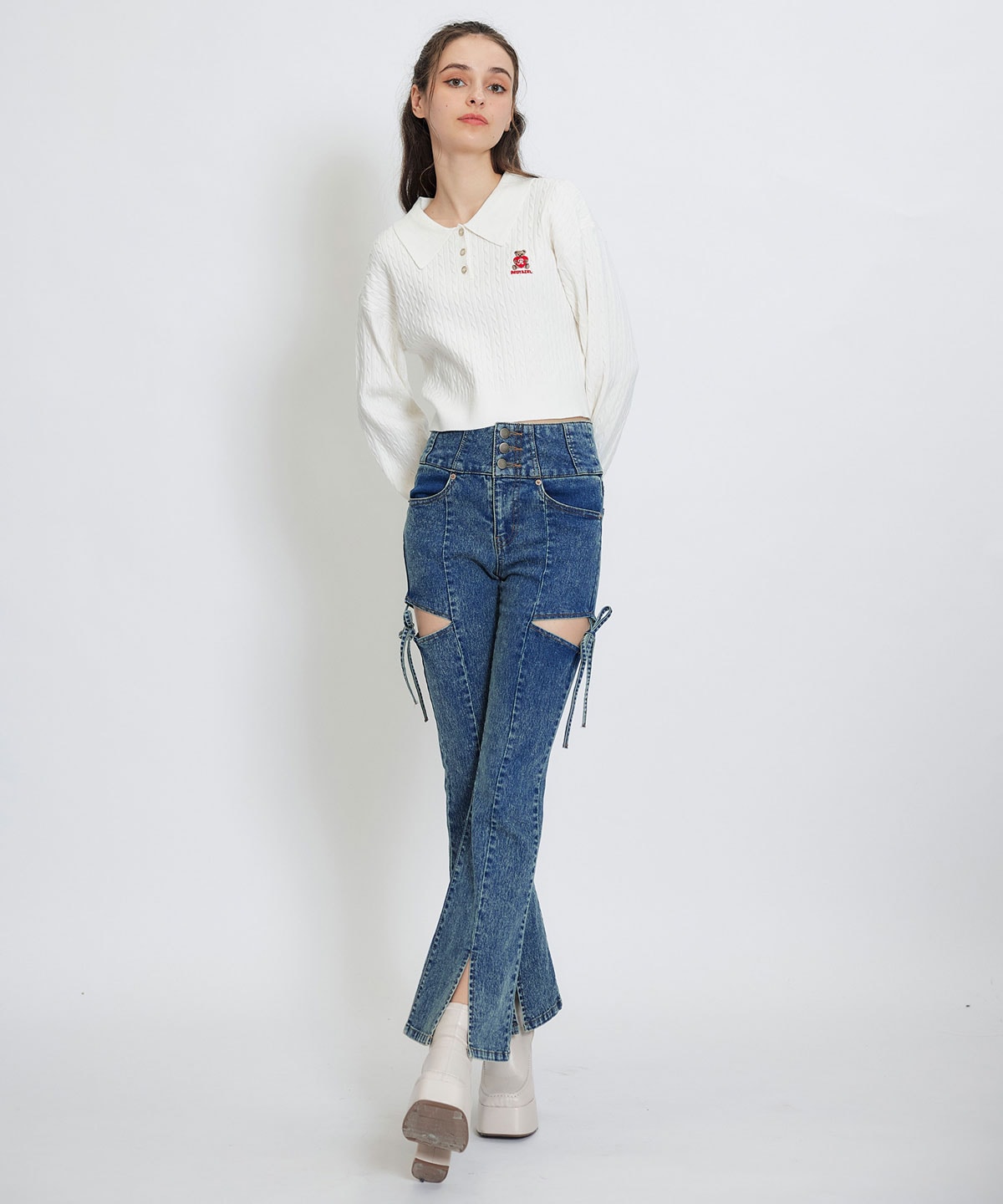 カットアウトリボンストレッチデニム