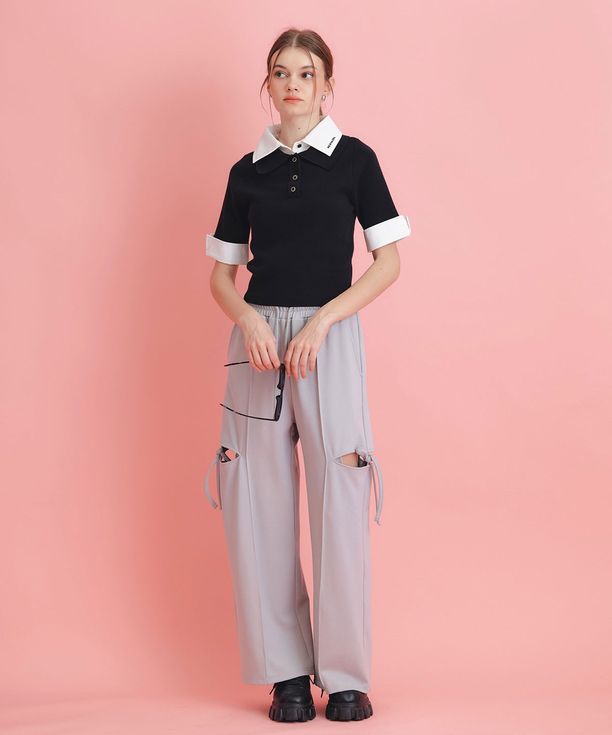 サイドカッティングリボンワイドパンツ