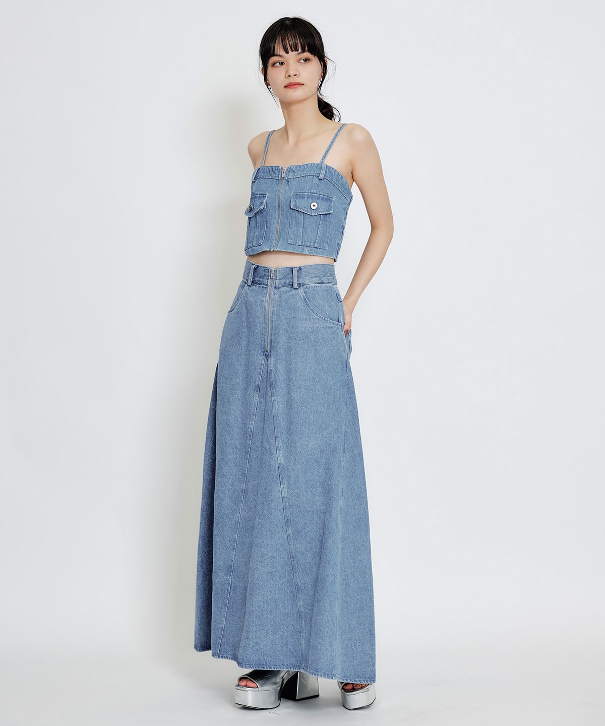 【Chemical Wash Series】ケミカルウォッシュデニムショートビスチェ×ZIPフレアロングスカート