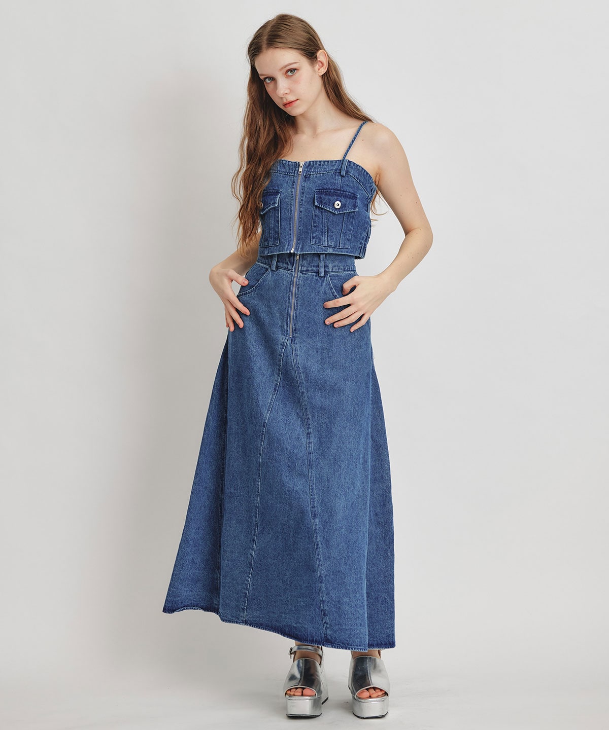 【Chemical Wash Series】ケミカルウォッシュデニムショートビスチェ×ZIPフレアロングスカート