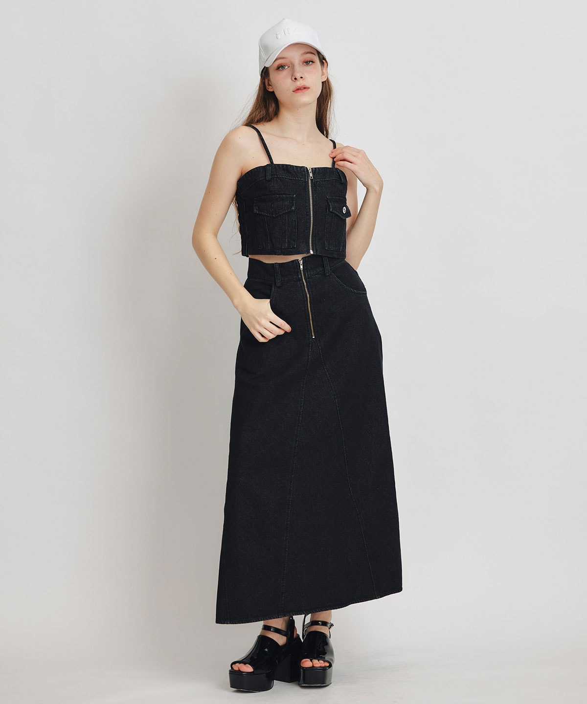 【Chemical Wash Series】ケミカルウォッシュデニムショートビスチェ×ZIPフレアロングスカート