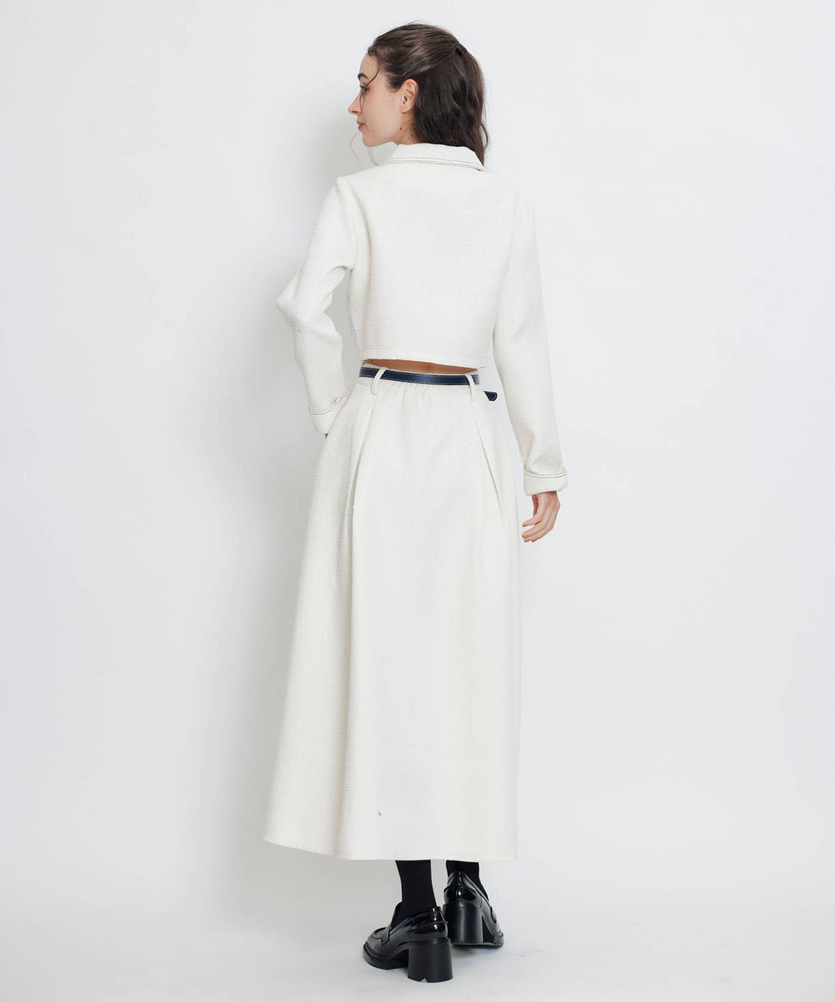 ダブルステッチツイードブラウス×フレアロングスカートセットアップ