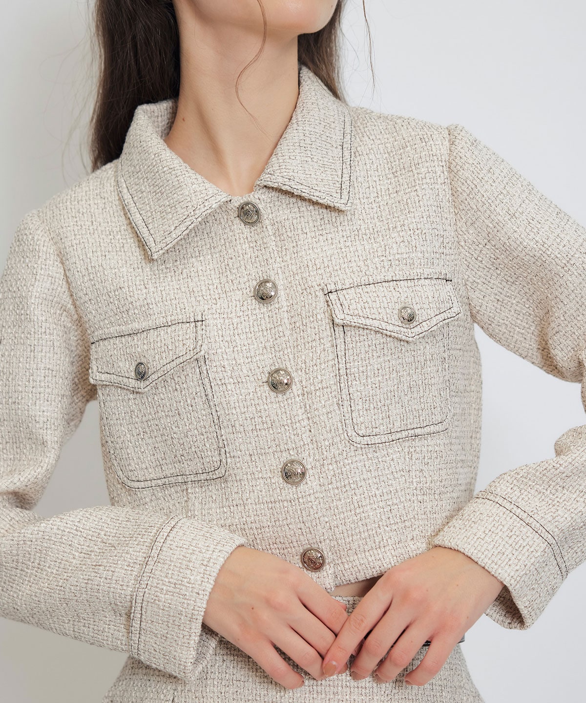 ダブルステッチツイードブラウス×フレアロングスカートセットアップ