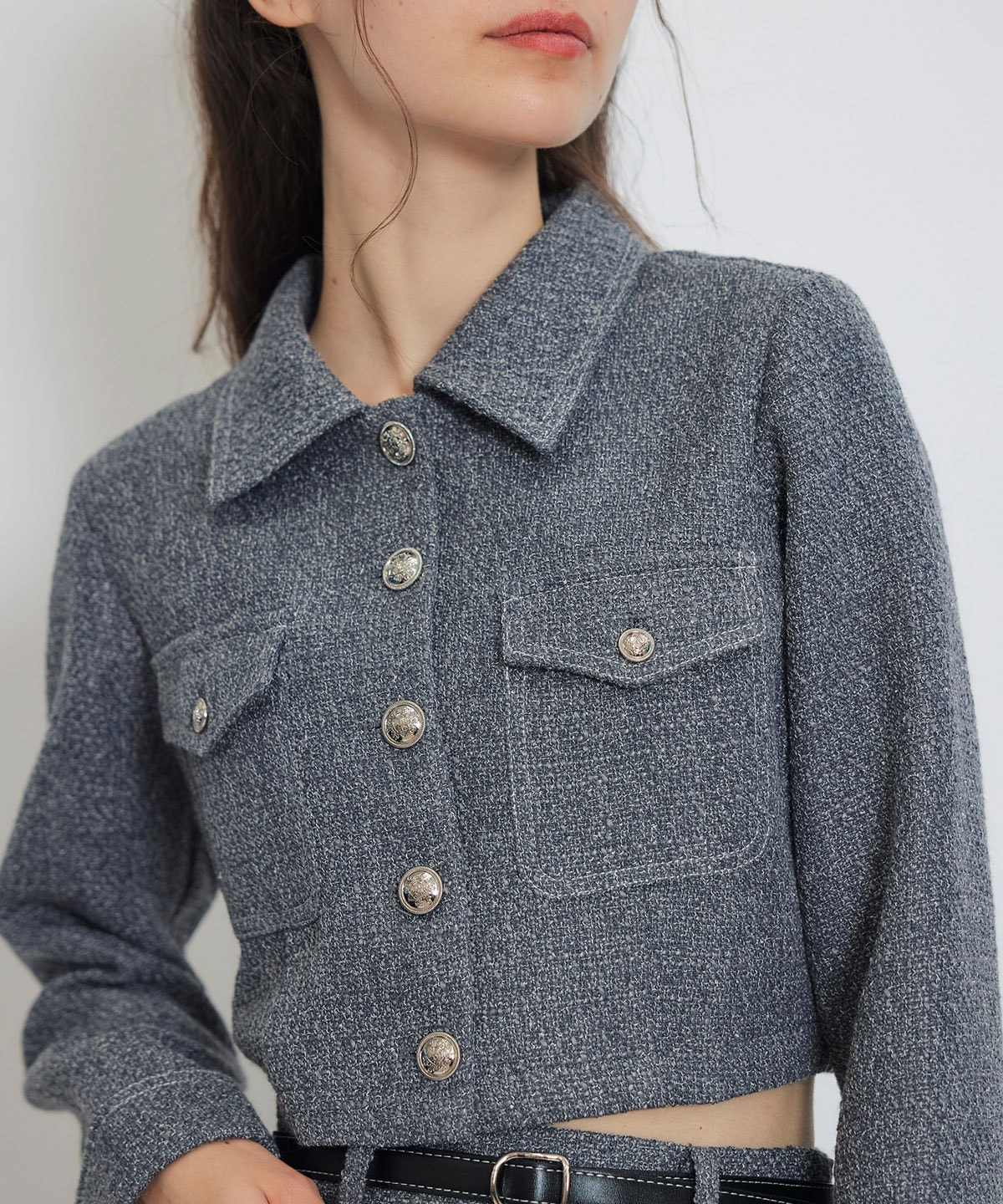 ダブルステッチツイードブラウス×フレアロングスカートセットアップ