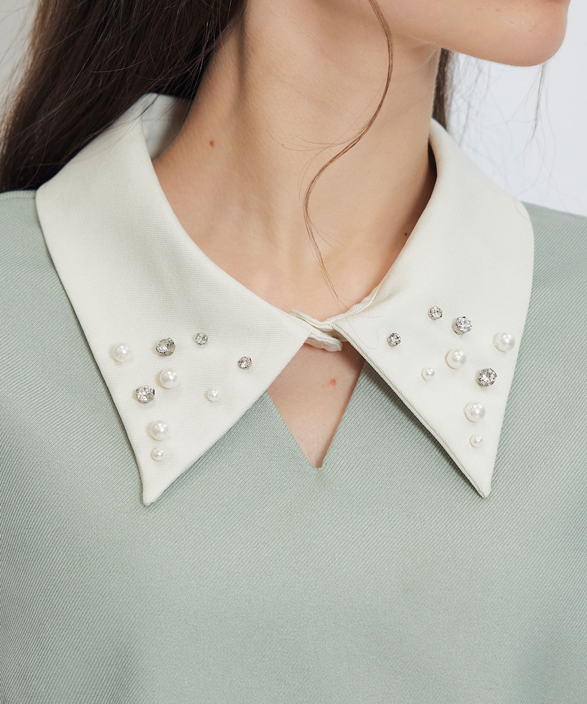 ビジューカラーコンパクトブラウス×バイカラーロングフレアスカートセットアップ