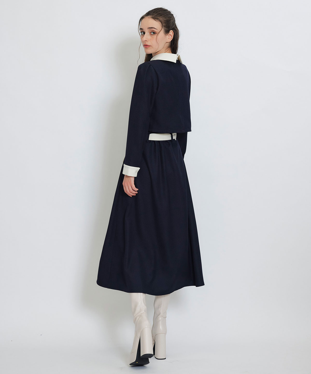 ビジューカラーコンパクトブラウス×バイカラーロングフレアスカートセットアップ