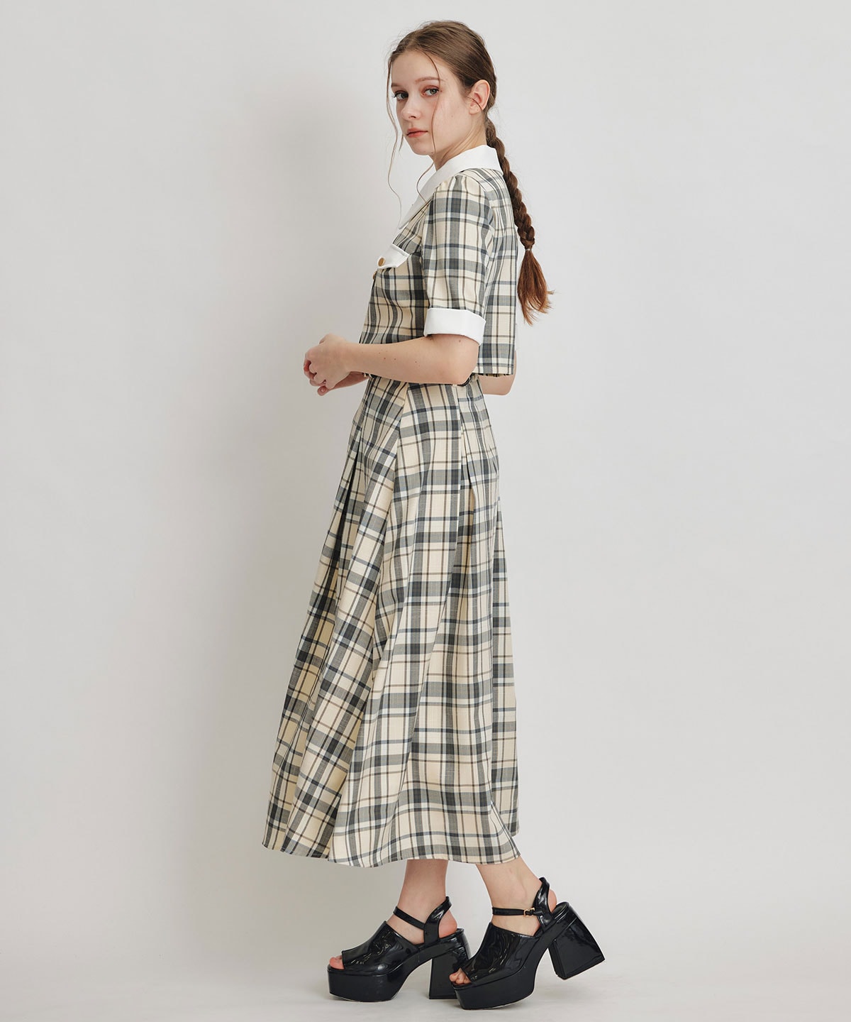 バイカラーチェックブラウス×フレアロングスカートセットアップ