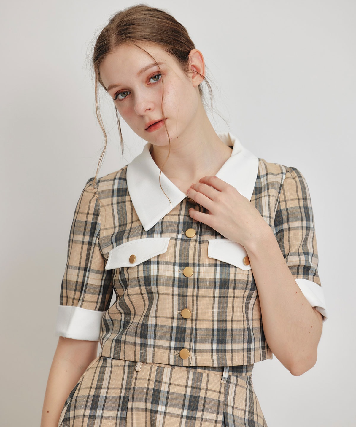 バイカラーチェックブラウス×フレアロングスカートセットアップ