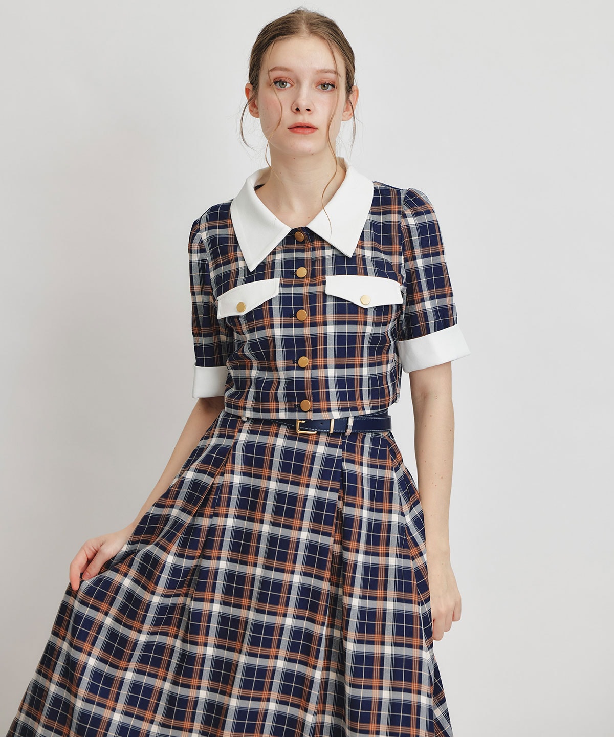 バイカラーチェックブラウス×フレアロングスカートセットアップ