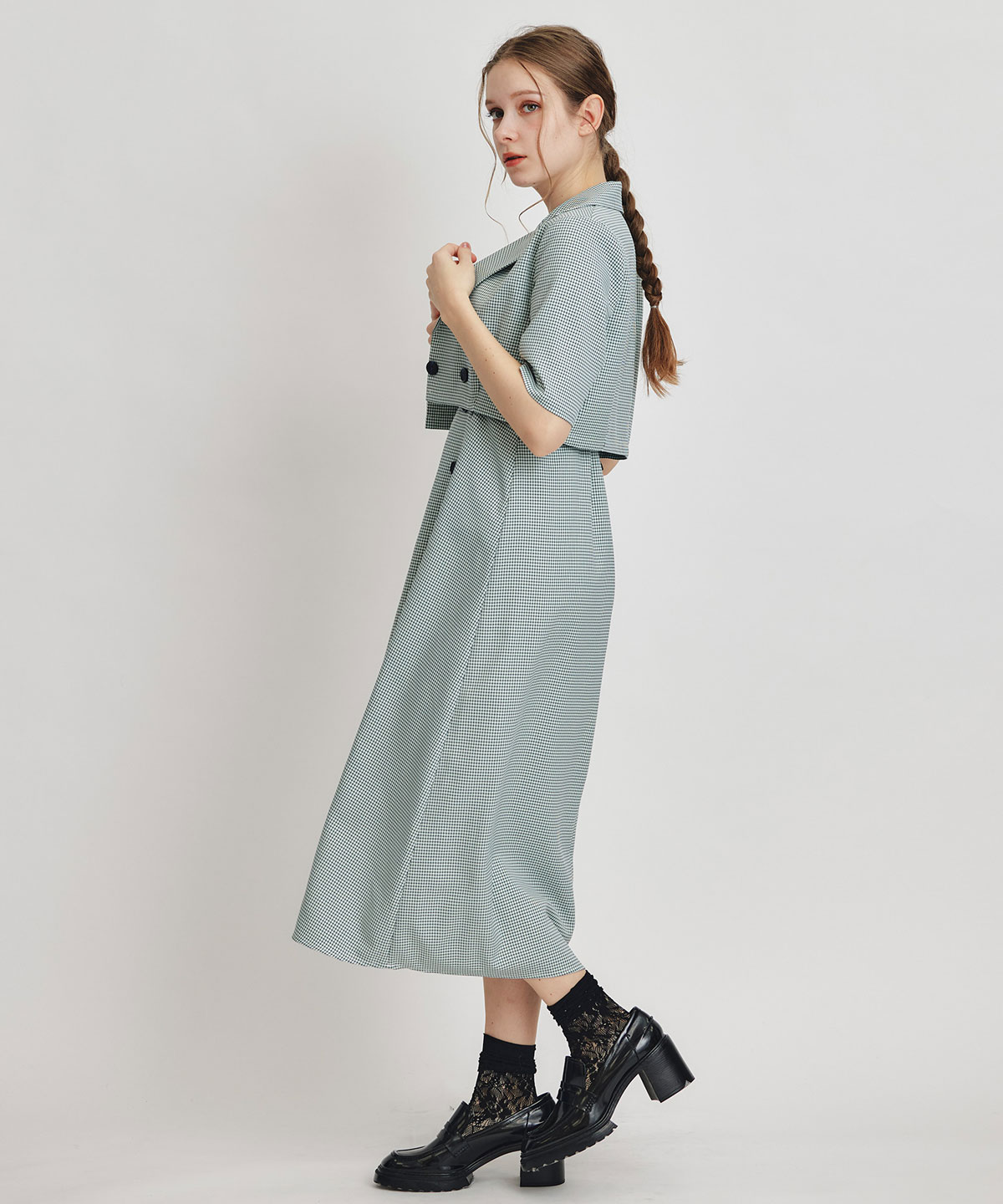 チェックショートジャケットｘアクセントベルトフレアロングワンピースセットアップ