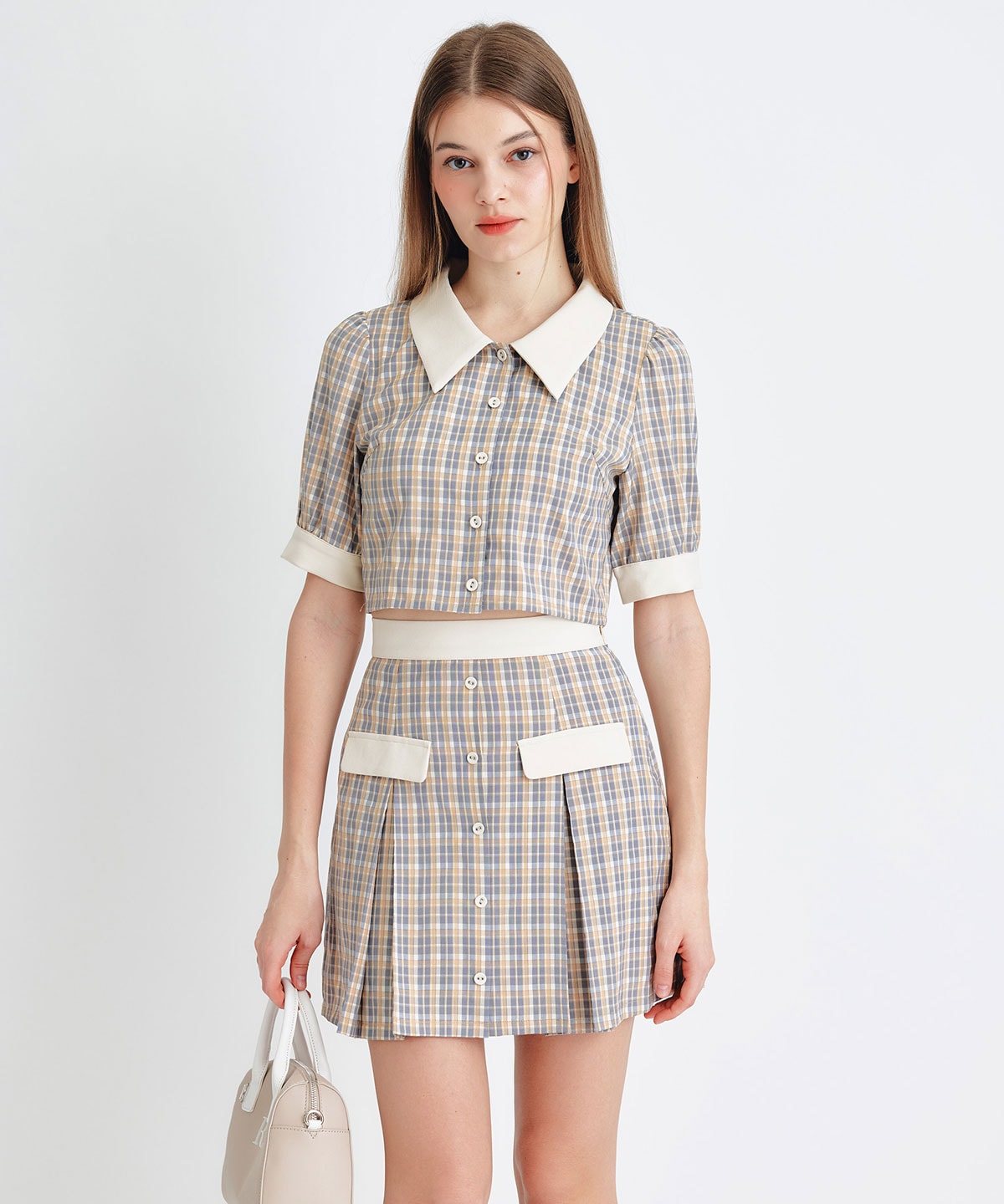 プレッピーネクタイチェックブラウス×プリーツミニスカートセットアップ