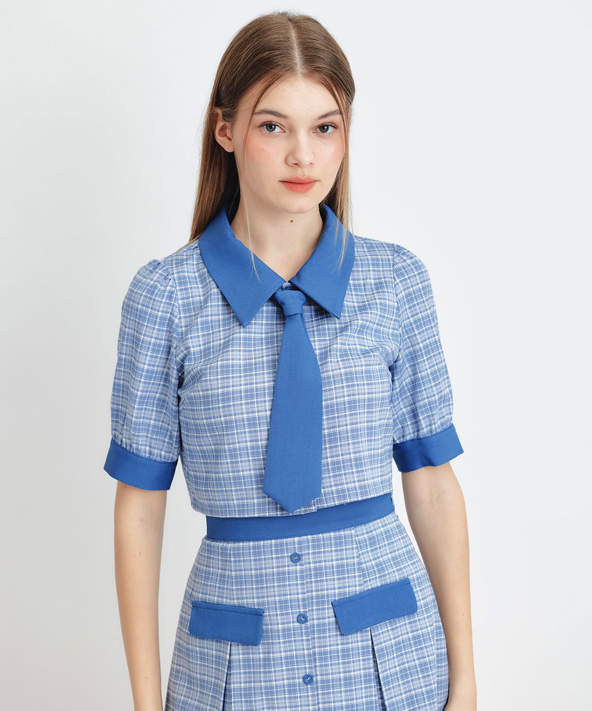 プレッピーネクタイチェックブラウス×プリーツミニスカートセットアップ